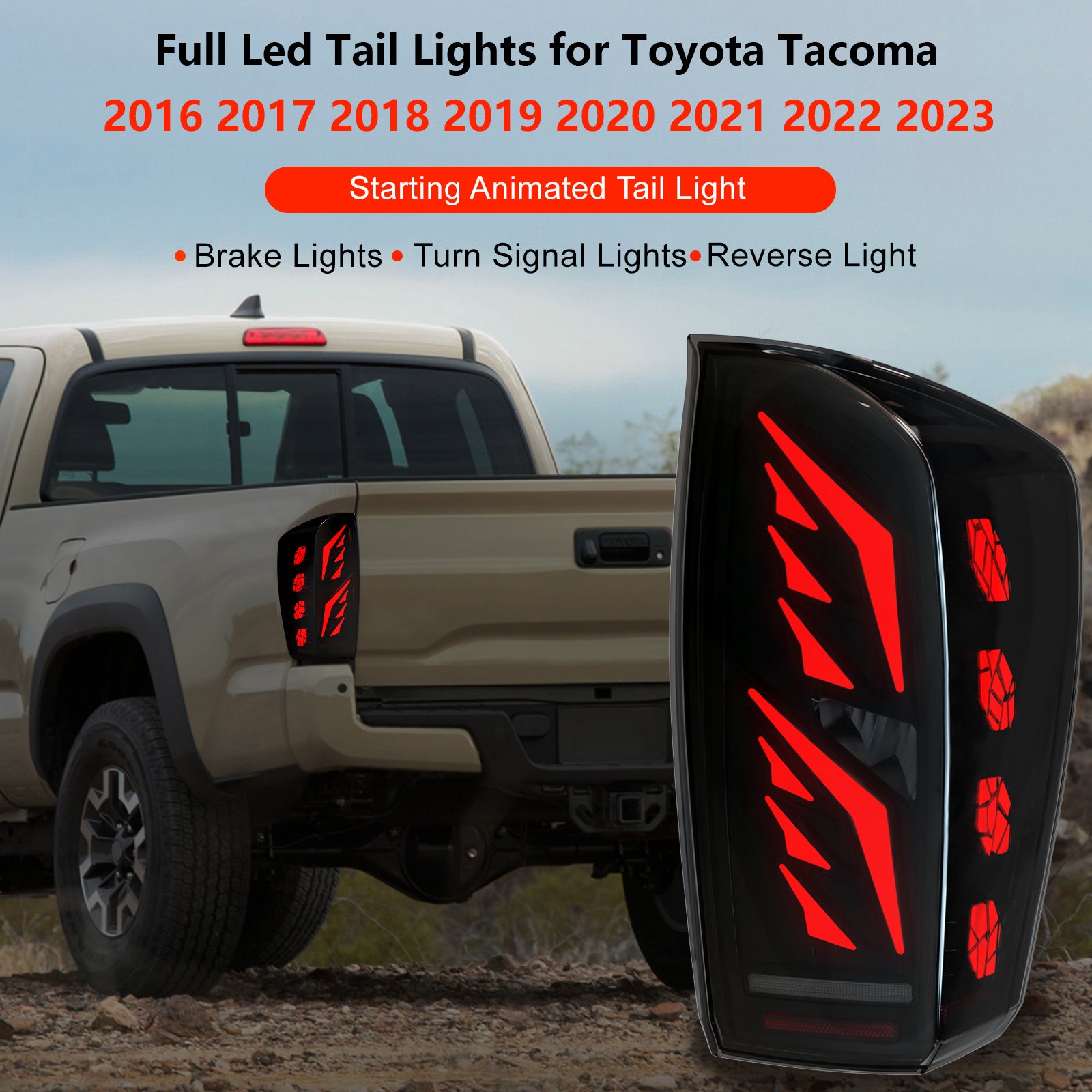 OKSIWA Sequential Full Led tail lights for Tacoma 2016-2023 Dynamic Turn Signal,Brake Light,Reverse Light Smoked Starting Animated Rear Light Assembly