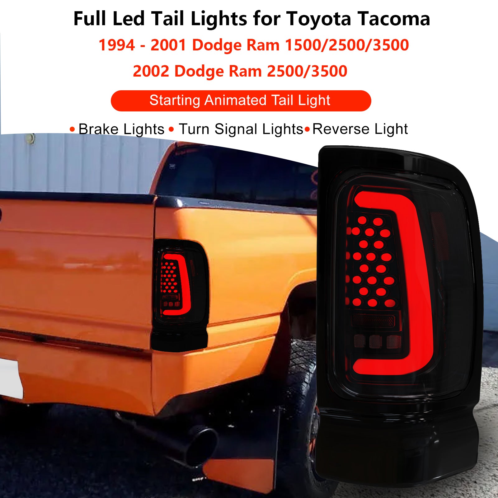 OKSIWA Sequential Full Led tail lights for Dodge 1994-2001 Ram 1500, 1994-2002 Ram 2500/3500 Starting Animated Rear Light Assembly, Dynamic Turn Signal,Brake Light,Reverse Light Smoked