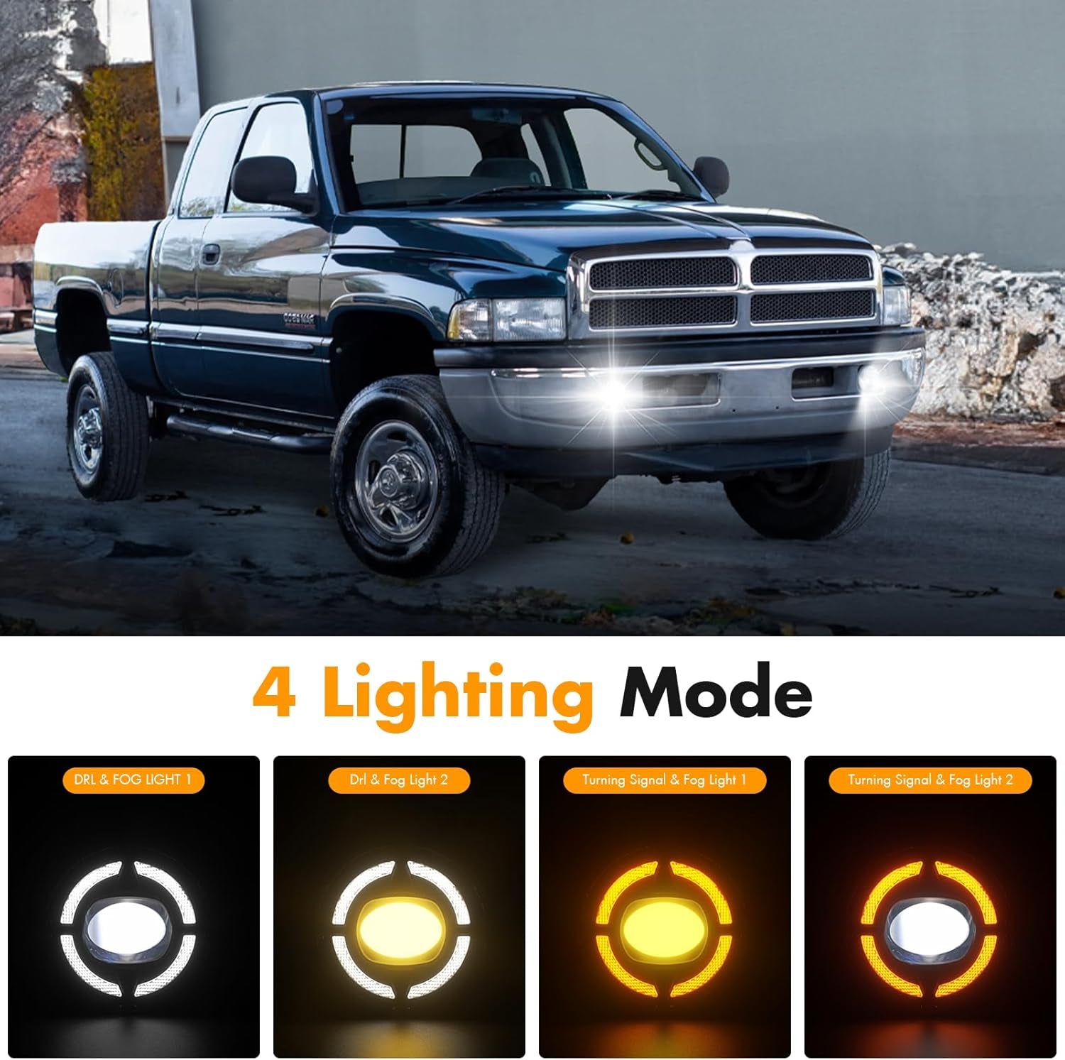 OKSIWA LED Fog Lights with DRL Compatible For Dodge Ram 1500 2500 3500 1994-2002 Bumper Driving Fog Lamps Replacement, 4 Lighting Modes