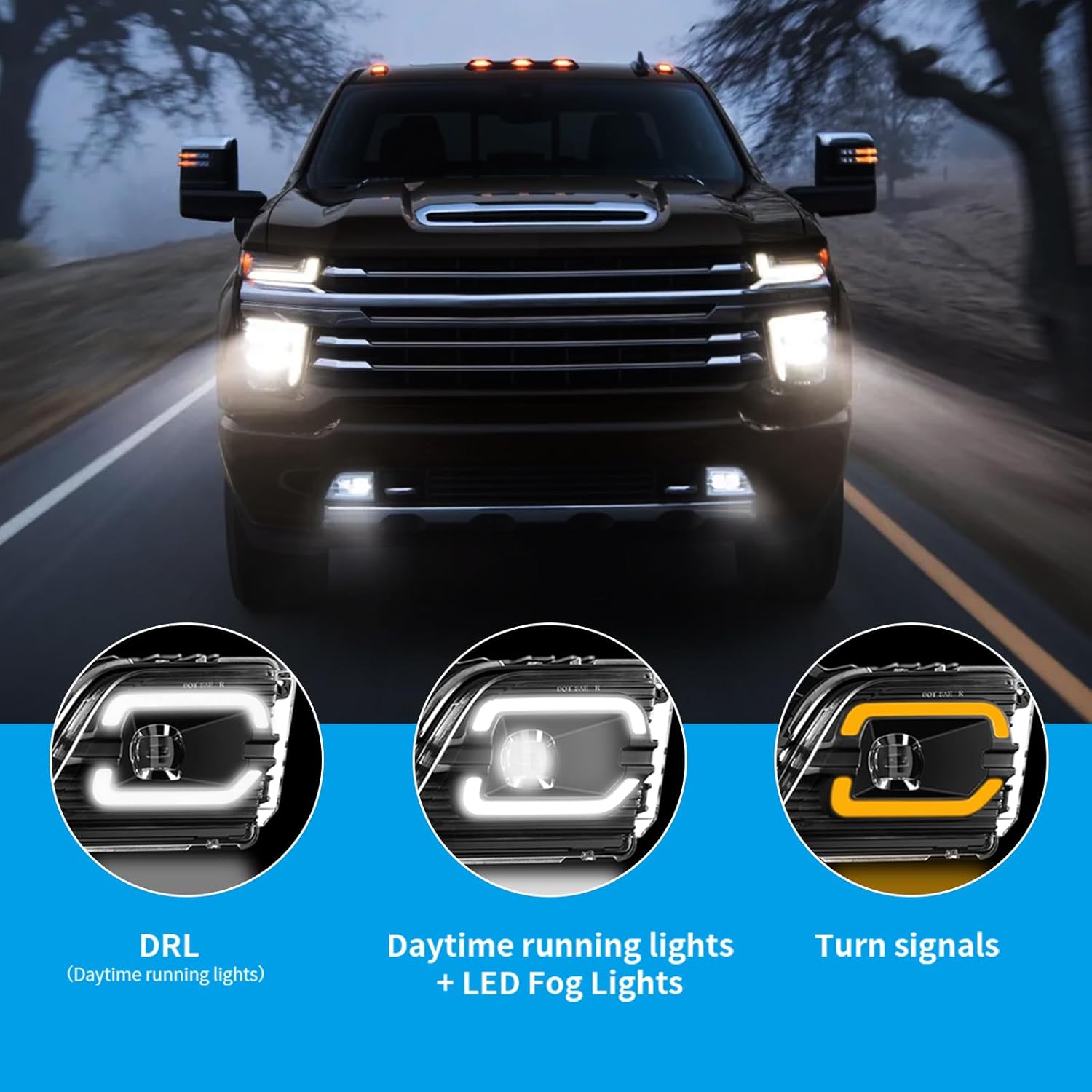 OKSIWA Black Lens with DRL Led Fog Lights Compatible with 2019-2023 Chevrolet Silverado 1500 2500HD 3500HD Upgrade and Modified 1 Pair Led Fog Lamp, Fog Light Assembly, Black A with DRL