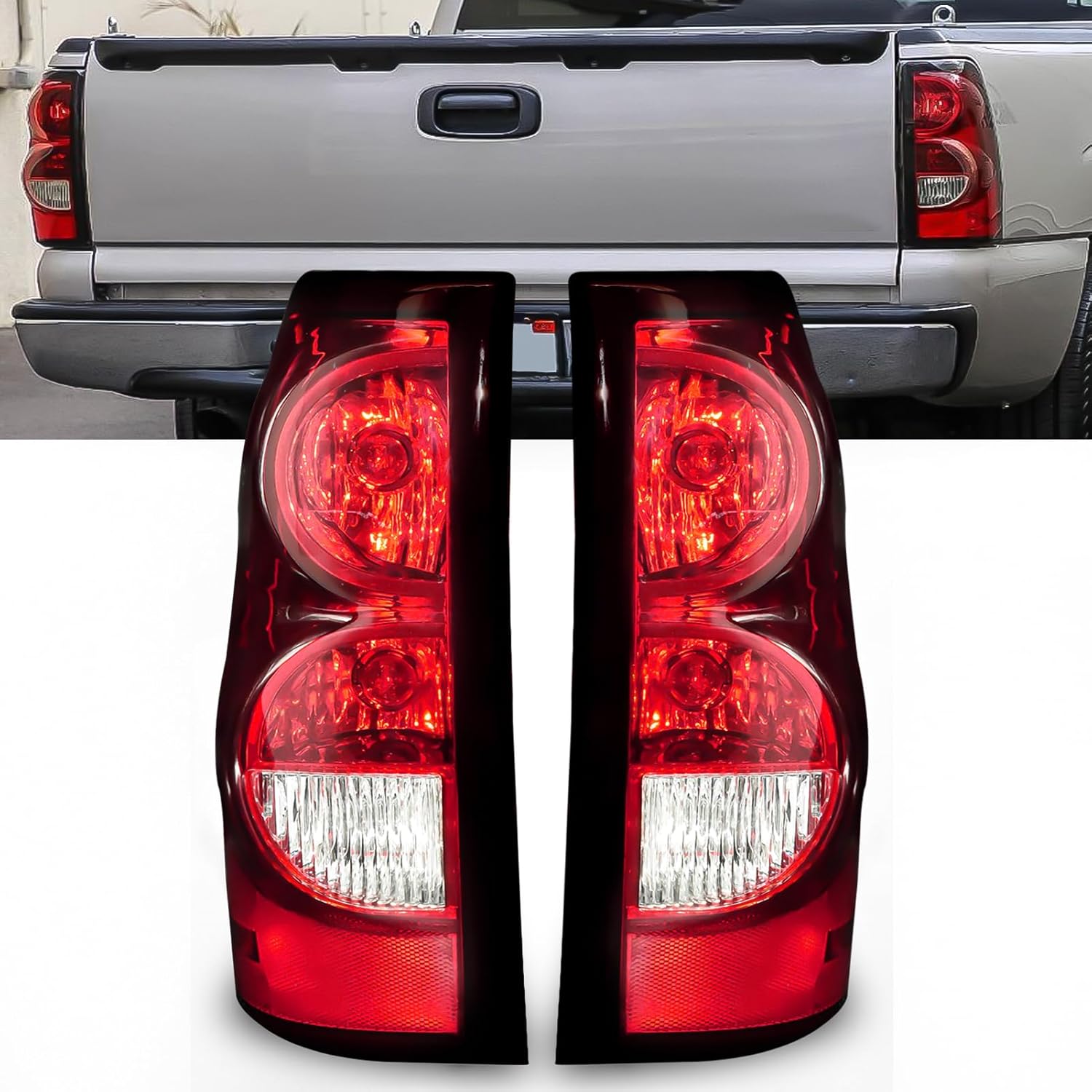 OKSIWA Tail Light with bulbs for 2003-2006 Chevy Silverado, Running Light Turn Signal, Brake, Reverse,Driver and passenger side Rear Taillights With Bulb and Harness,Red Trim