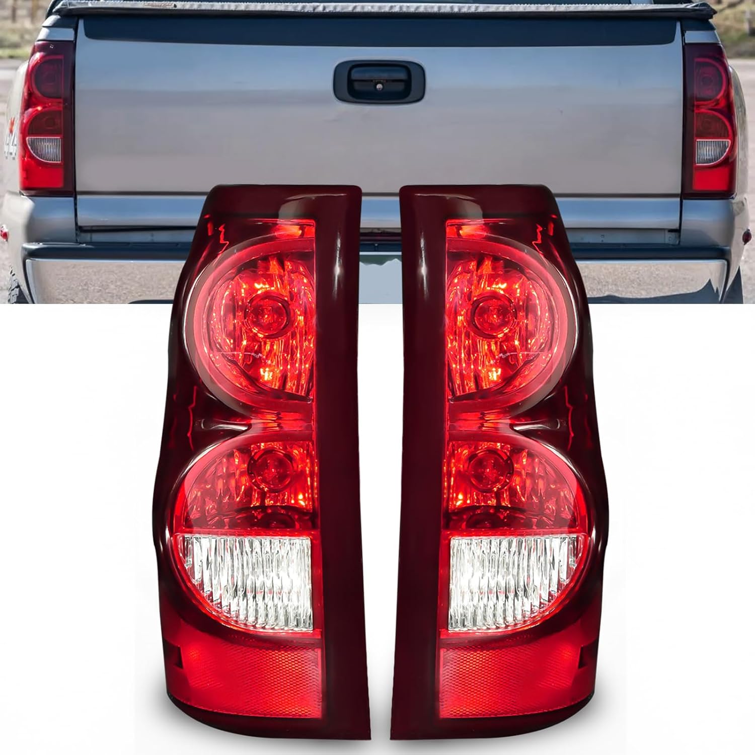 OKSIWA Tail Light with bulbs for 2003-2006 Chevy Silverado, Running Light Turn Signal, Brake, Reverse,Driver and passenger side Rear Taillights With Bulb and Harness,Black Trim