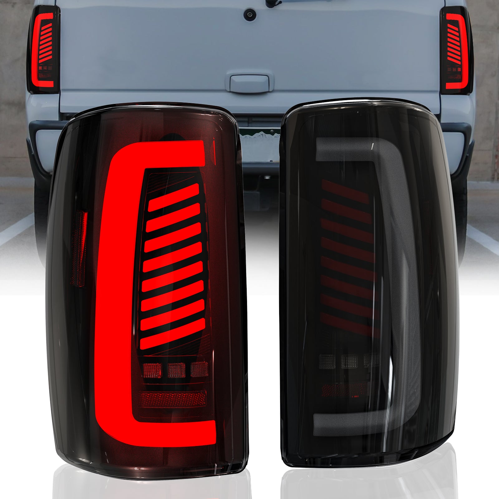 Oksiwa Full Led tail lights for 2000-2006 Chevy Tahoe, Suburban, GMC Yukon Starting Animated Rear Light Assembly, Dynamic Turn Signal,Brake Light,Reverse Light Smoked