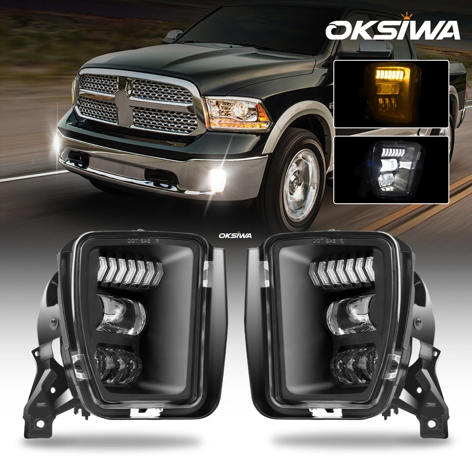 OKSIWA LED Fog Lights with Day Running Light Compatible For 2013-2018 Dodge Ram 1500,Amber Turn Signal,Pickup Bumper Driving Fog Lamps Replacement,with DRL Wiring Harness, Clear Lens