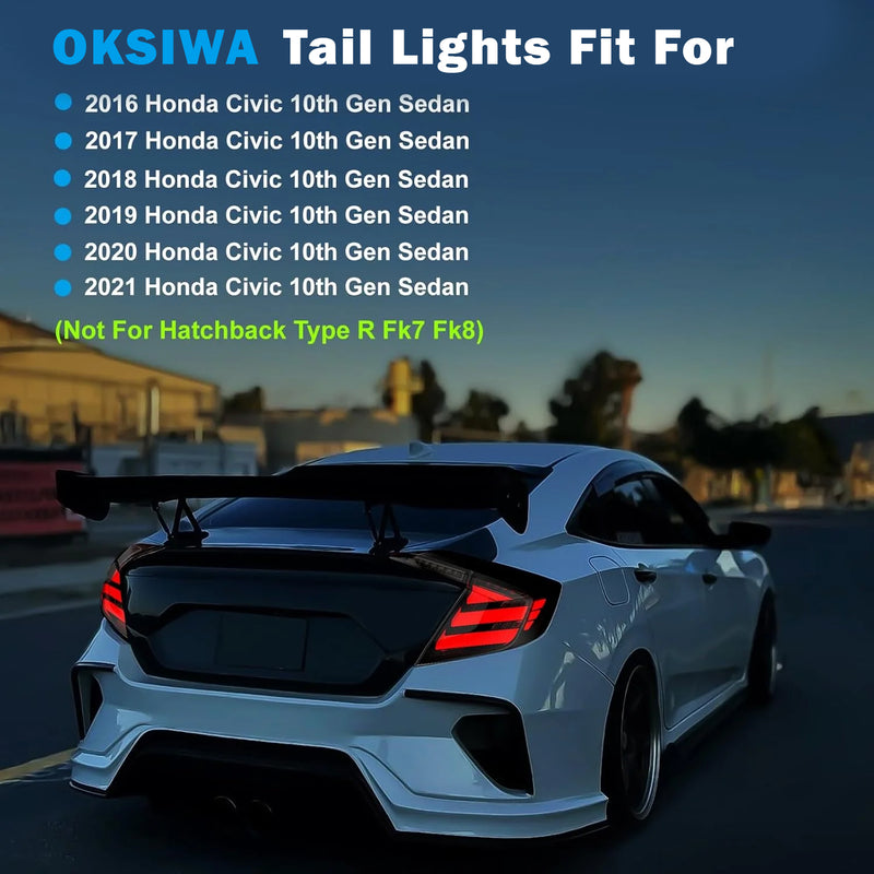 OKSIWA LED Tail Lights for Honda Civic 10th Gen Sedan 2016-2021,Rear Tail Lamps Assembly with Starting Animated,One Pair Sequential LED Turn Signal,Smoked(Not Fit Hatchback & Type R)-2