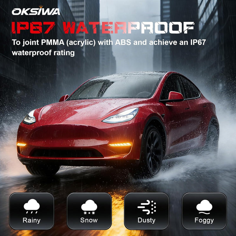 OKSIWA Sequential LED Daytime Running Lights For 2017-2023 Tesla Model 3,2020-2023 Model Y, Unique Design Dual-Colors DRL With Starting Animated Dynamic Amber Turn Signal led fog lights for tesla-5