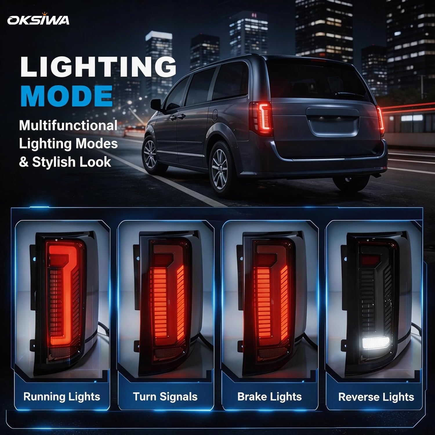 OKSIWA Sequential LED Tail Lights Kit for 2011-2020 Dodge Grand Caravan, LED Rear Lights Assembly with Start-Up Animation, Dynamic Turn Signals, Brake Light,Reverse Light -Smoked