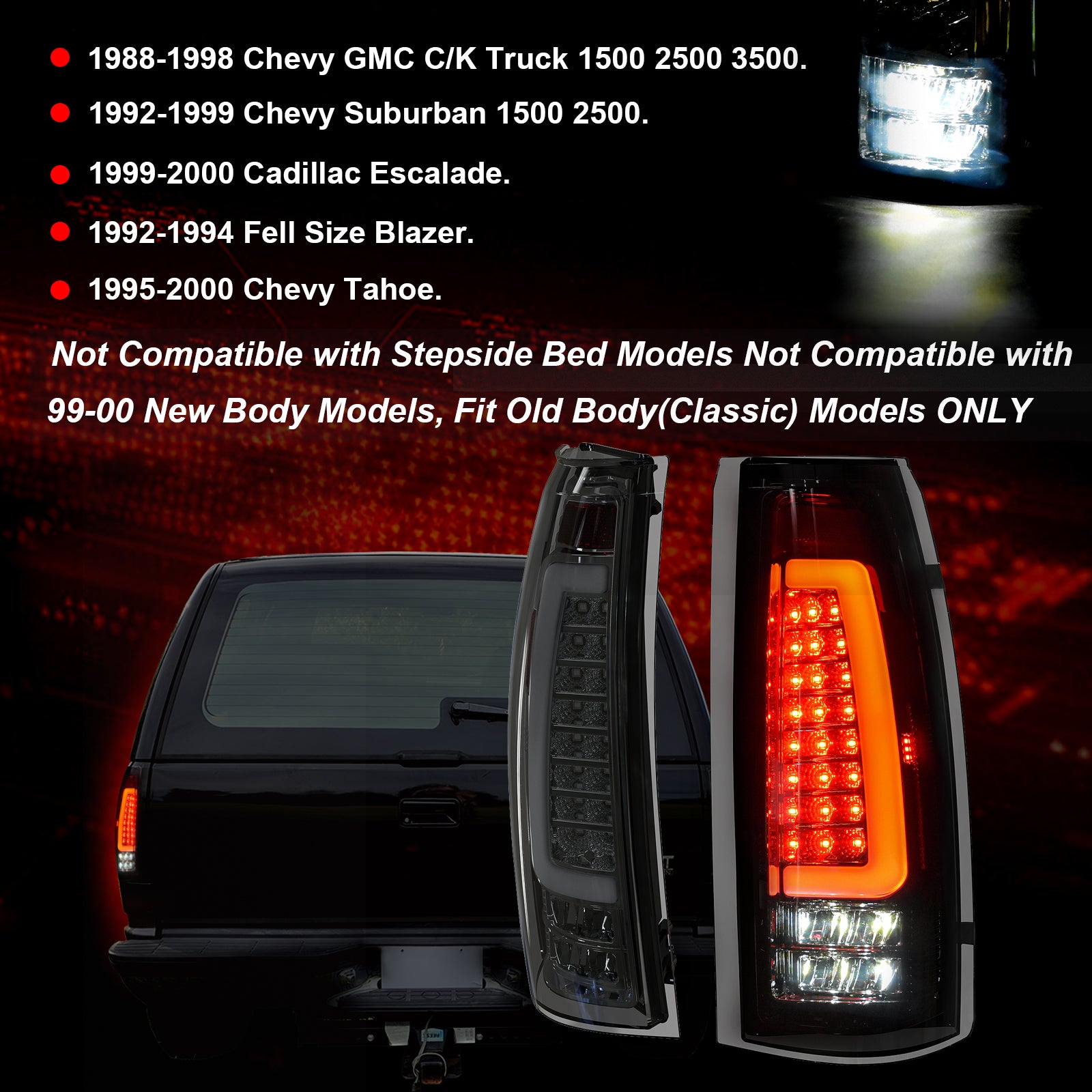 Oksiwa Smoked Tail Lights for 1988-1999 Chevy GMC C/K Pickup Truck Silverado Suburban Sierra Tahoe Yukon