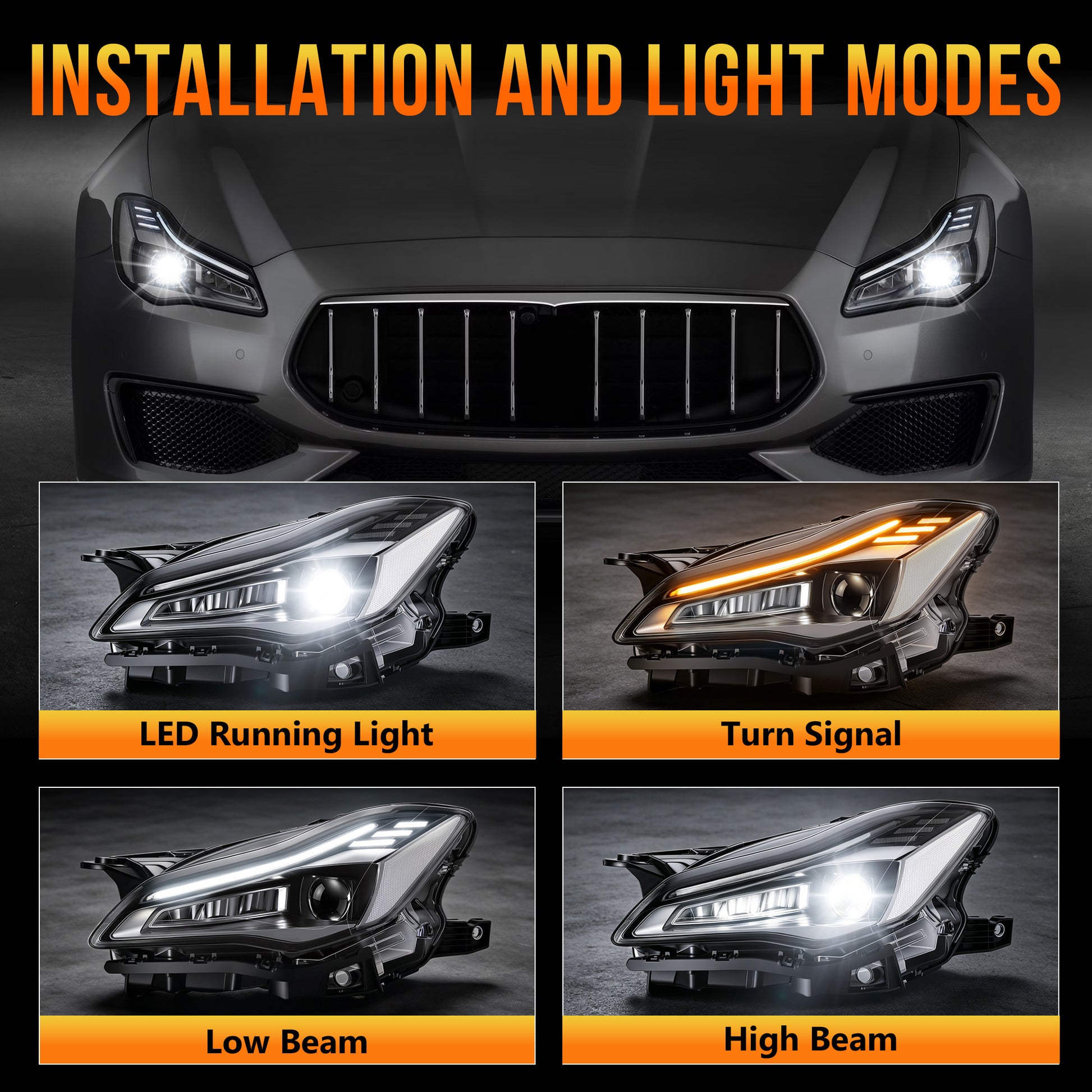 LED Headlights with DRL for 2017-2022 Maserati Quattroporte Waterproof Plug & Play  1 Pair-2