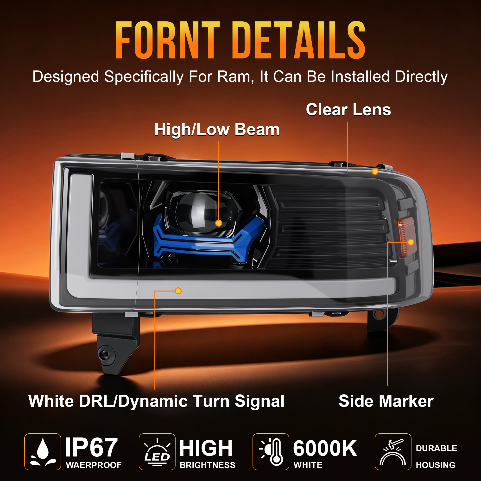 LED Headlight for 1994–2001 Dodge Ram 1500 & 1994–2002 Ram 2500 3500-5
