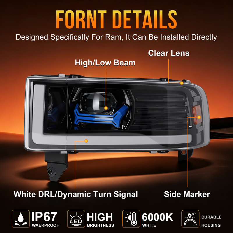 LED Headlight for 1994–2001 Dodge Ram 1500 & 1994–2002 Ram 2500 3500-5