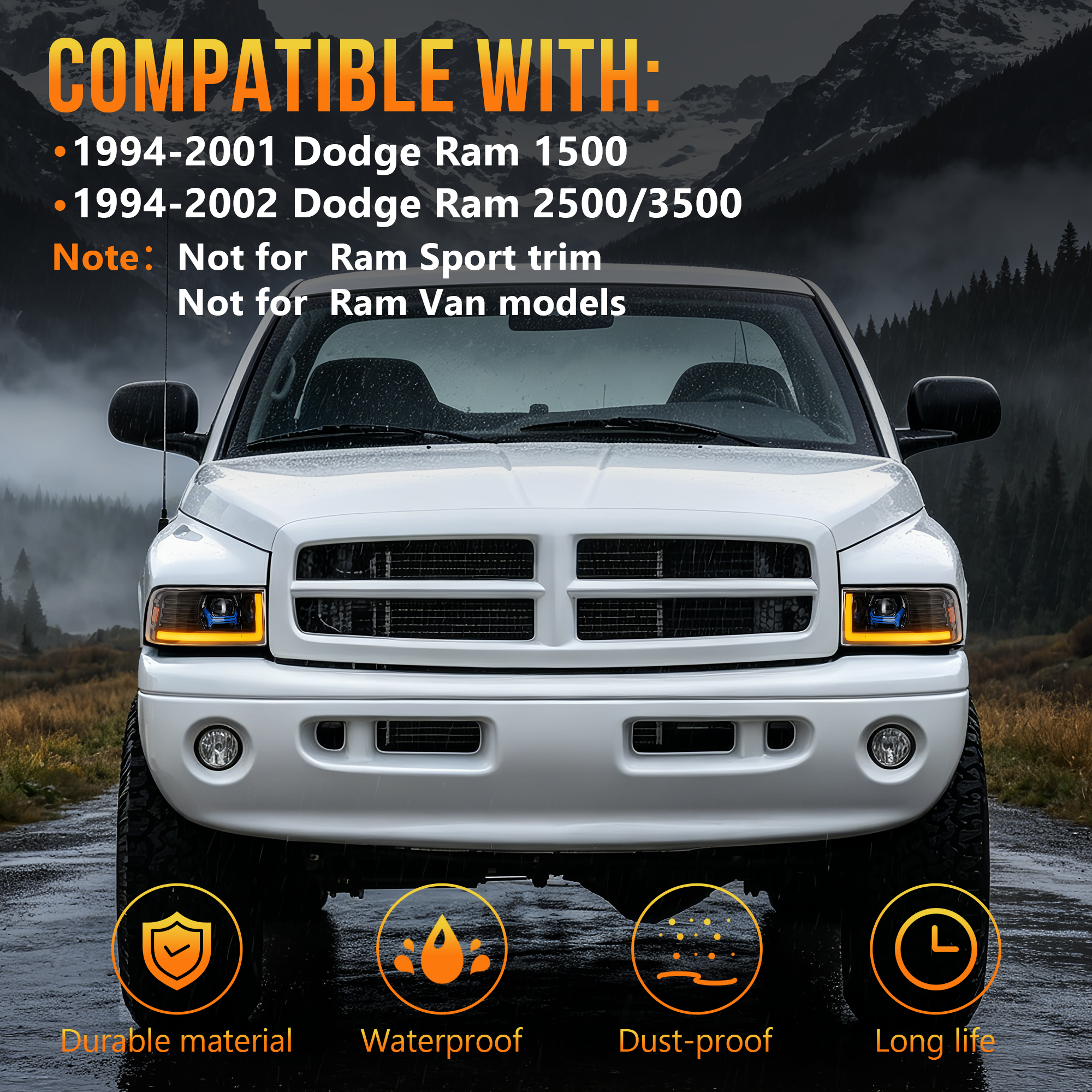 LED Headlight for 1994–2001 Dodge Ram 1500 & 1994–2002 Ram 2500 3500-3
