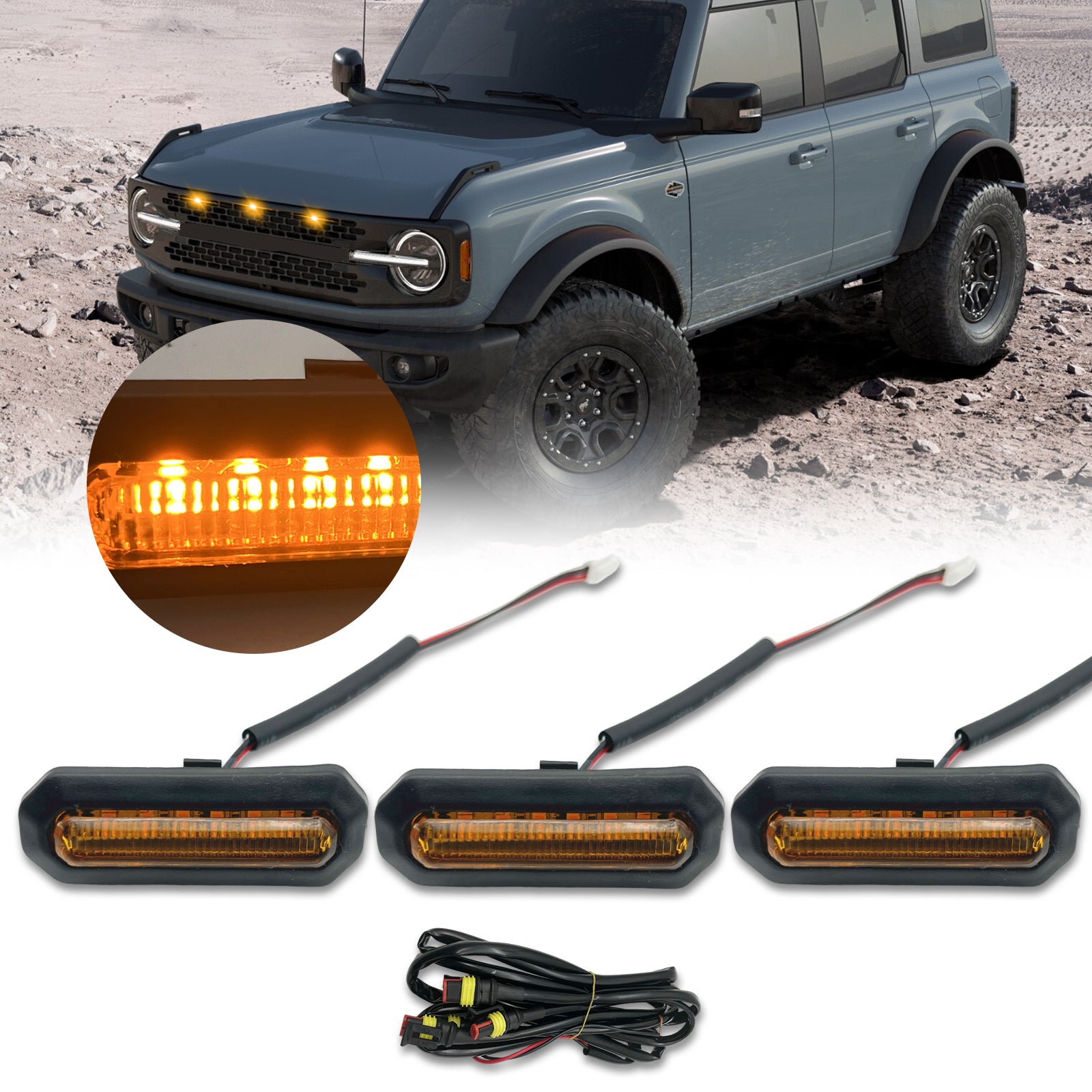 3pcs For 2021 2022 2023 Ford Bronco Yellow Lens LED Front Grille Lights Lamps