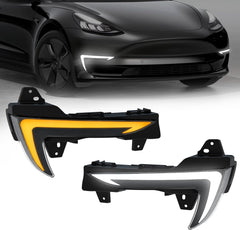 OKSIWA 2 Color LED Daytime Running Lights Compatible with 2018-2024 Tesla Model 3, Front Driving DRL Lamps Assembly with Turn Signals, Night Running Light, Dynamic Start-Up Animation, (1 Pair)-1
