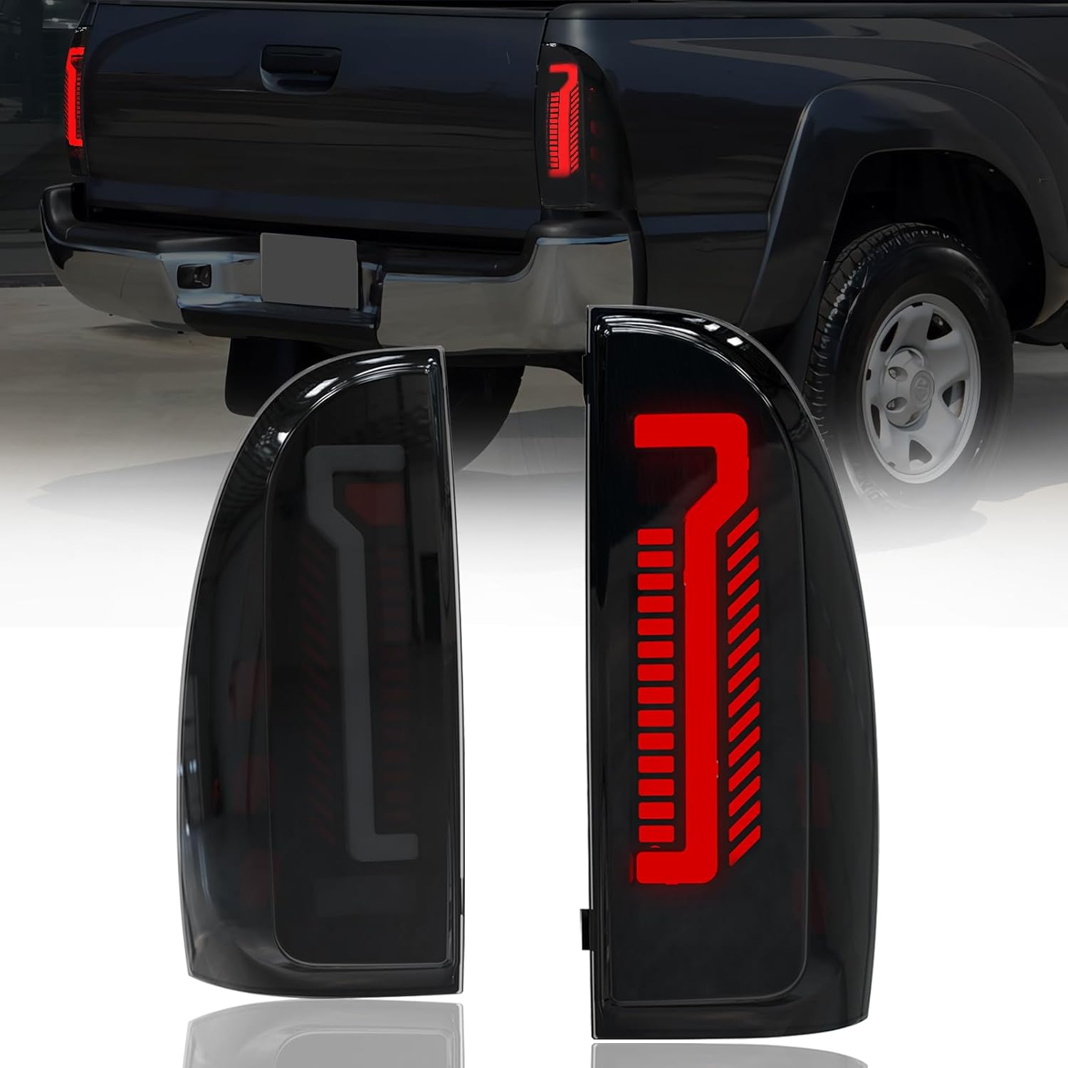 OKSIWA Sequential Full LED Tail Light Assembly for 2005-2015 Toyota Tacoma, 2nd Gen Tacoma - Animated, Dynamic Turn Signal, Brake, Reverse Lights - Smoked