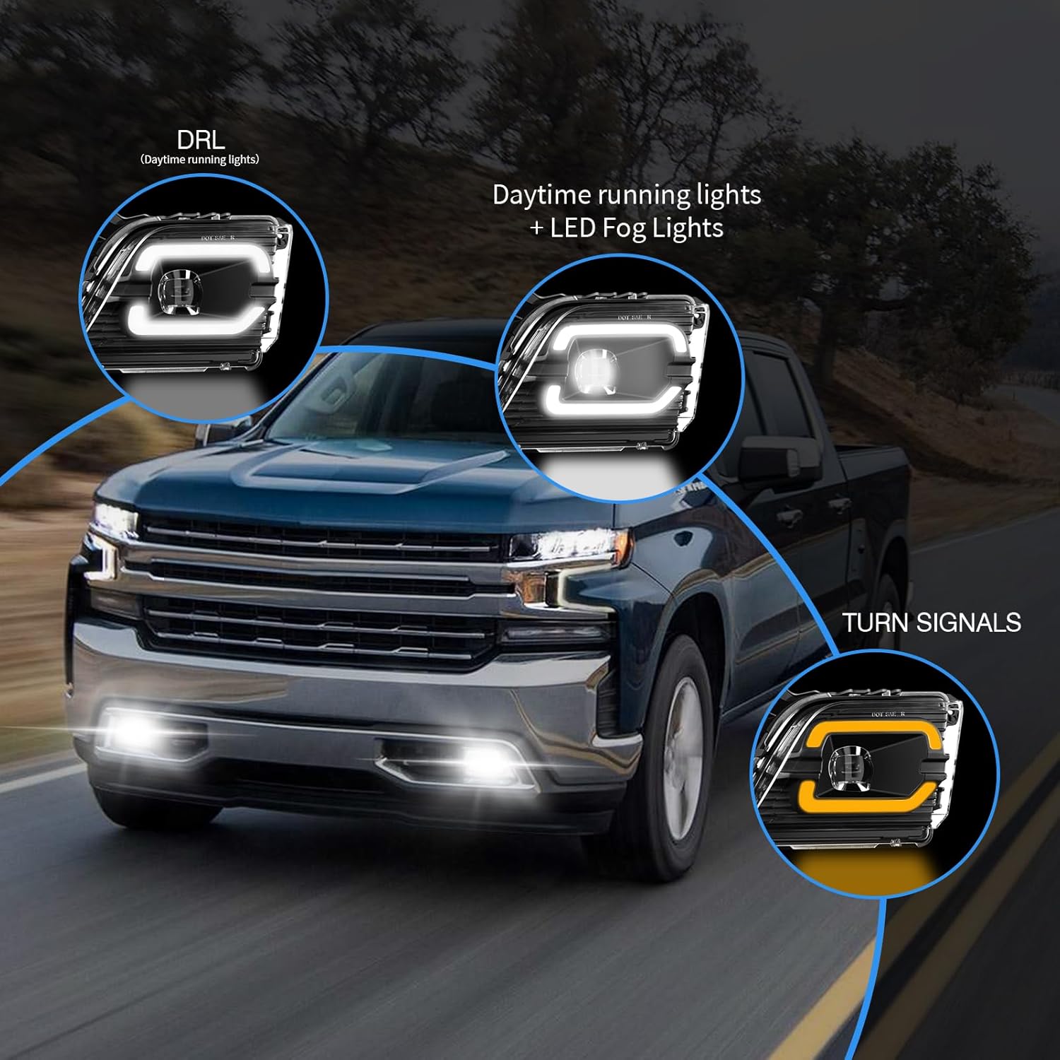 OKSIWA LED Fog Lights with DRL for 2019 2020 2021 2022 2023 Chevrolet Silverado 1500 2500HD 3500HD, Chevrolet Fog Lamp Kits with Running Lights and Turn Signals, 1 Pair-3