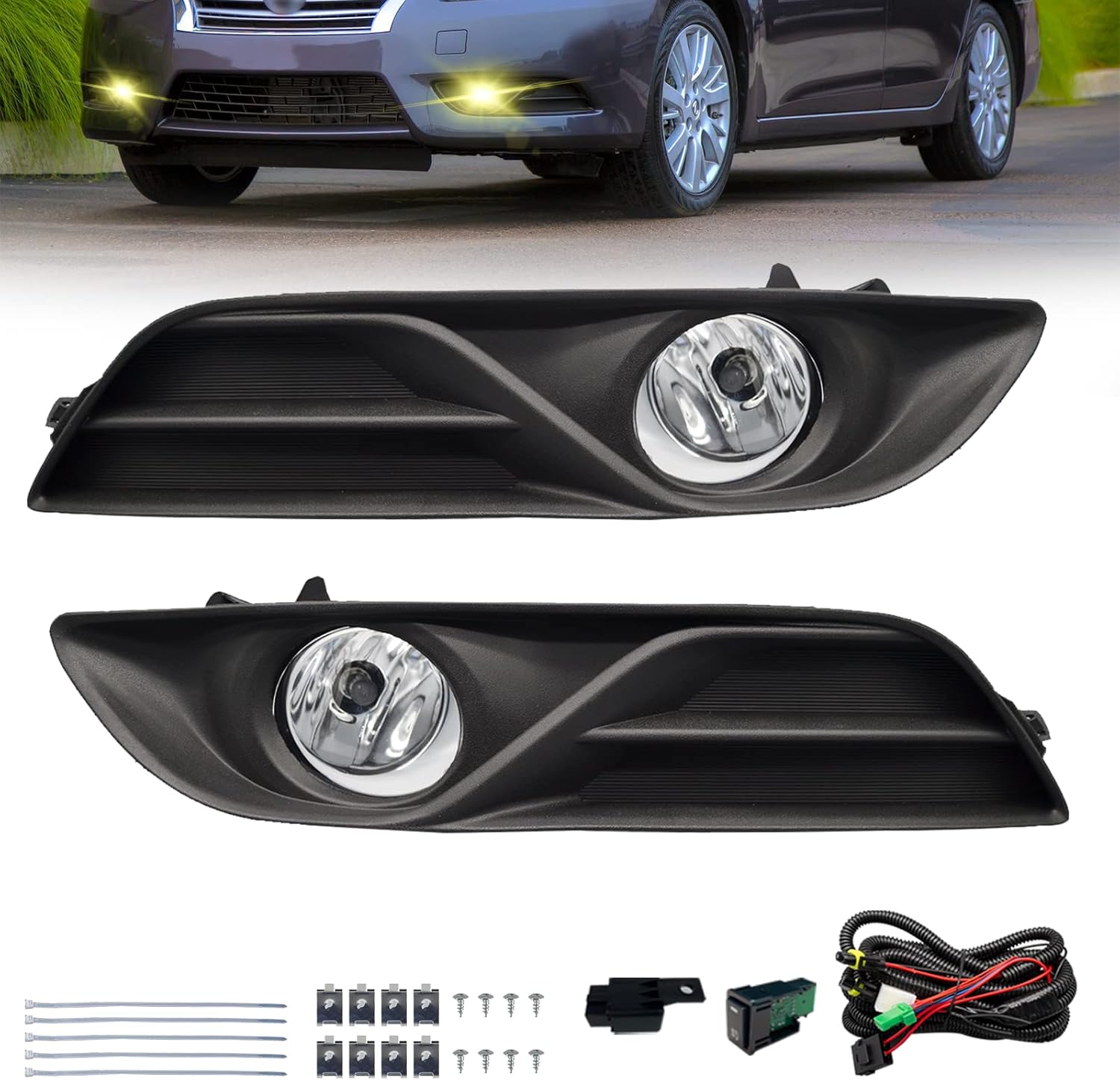 OKSIWA Fog Lights Compatible with 2013 2014 2015 Nissan Sentra Clear Lens Bumper Driving Fog Lights Pair + Wiring + Switch Kit (Clear Lens)-1