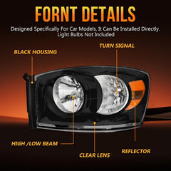 OKSIWA Headlights Assembly for 2006–2008 Dodge Ram 1500,for 2006–2009 Dodge Ram 2500 3500, OEM Style Replacement Headlamp Housing, Factory Fit, No Bulbs Included,Black Trim-2