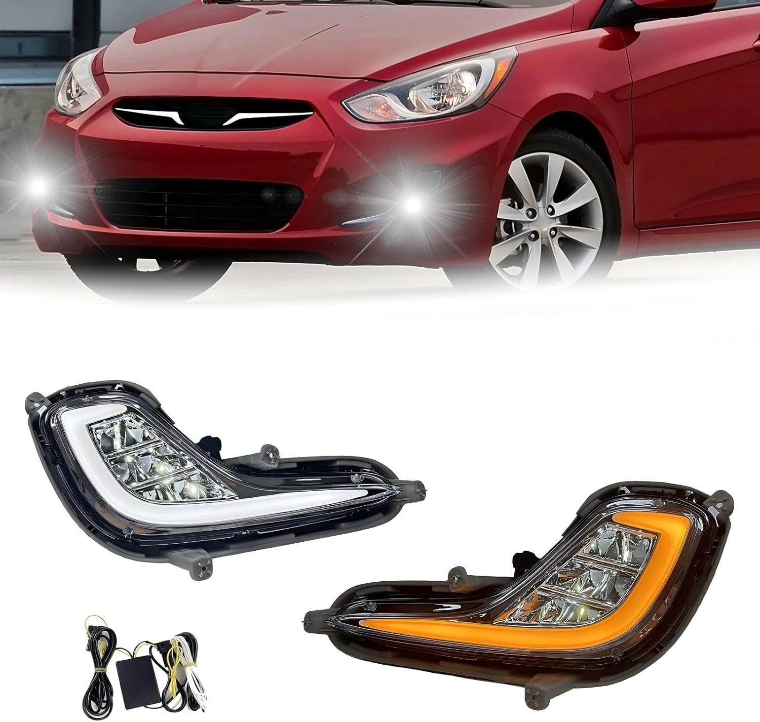 OKSIWA Fit For 2012-2017 Hyundai Accent Fog Lights with DRL and turn signal Full Kit with Switch and Harness (LED Version)-1