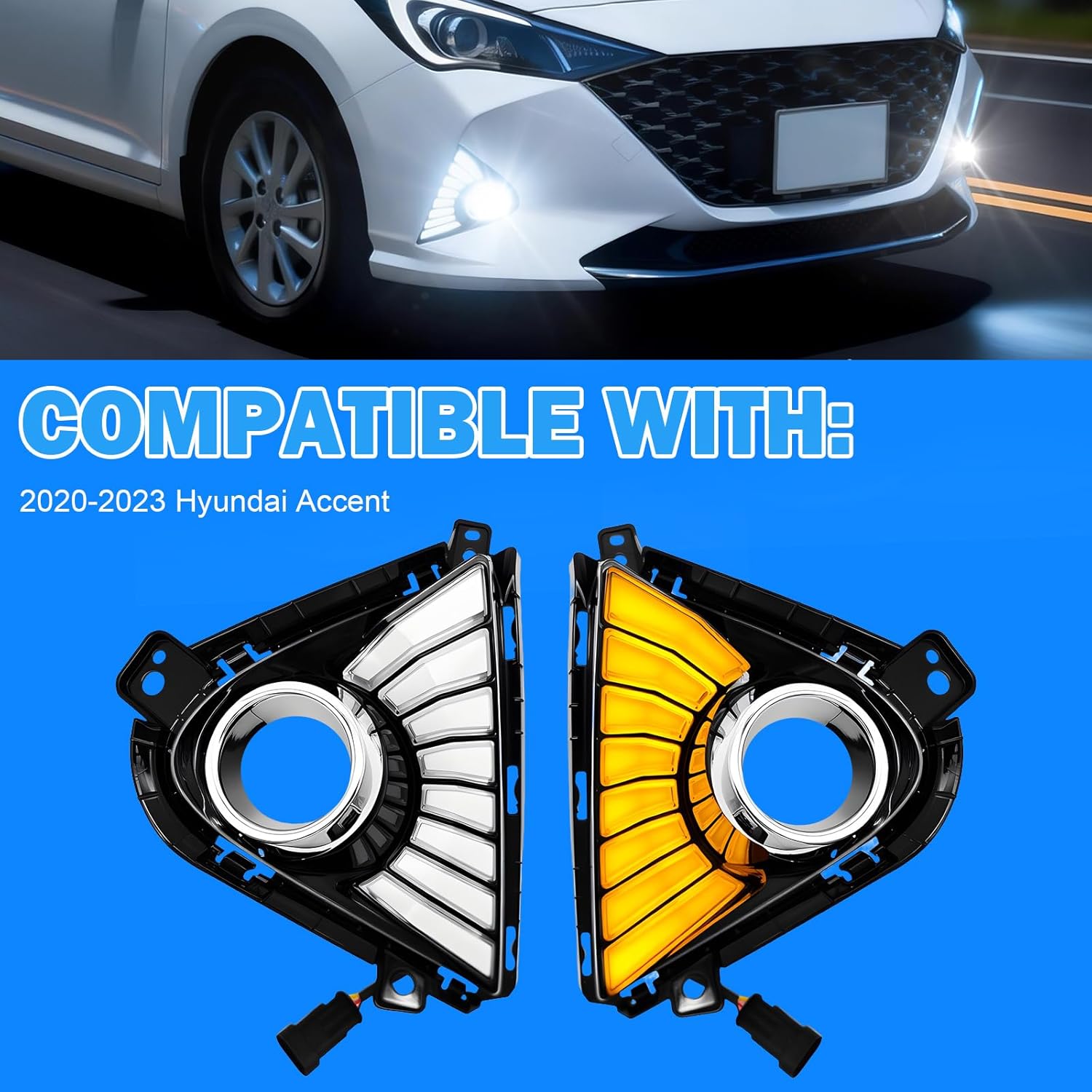 OKSIWA LED Daytime Running Light Compatible with 2020-2023 Hyundai Accent with DRL Turn Signals Fog Lamps Assemblies w/Switch and Wiring Harness-5