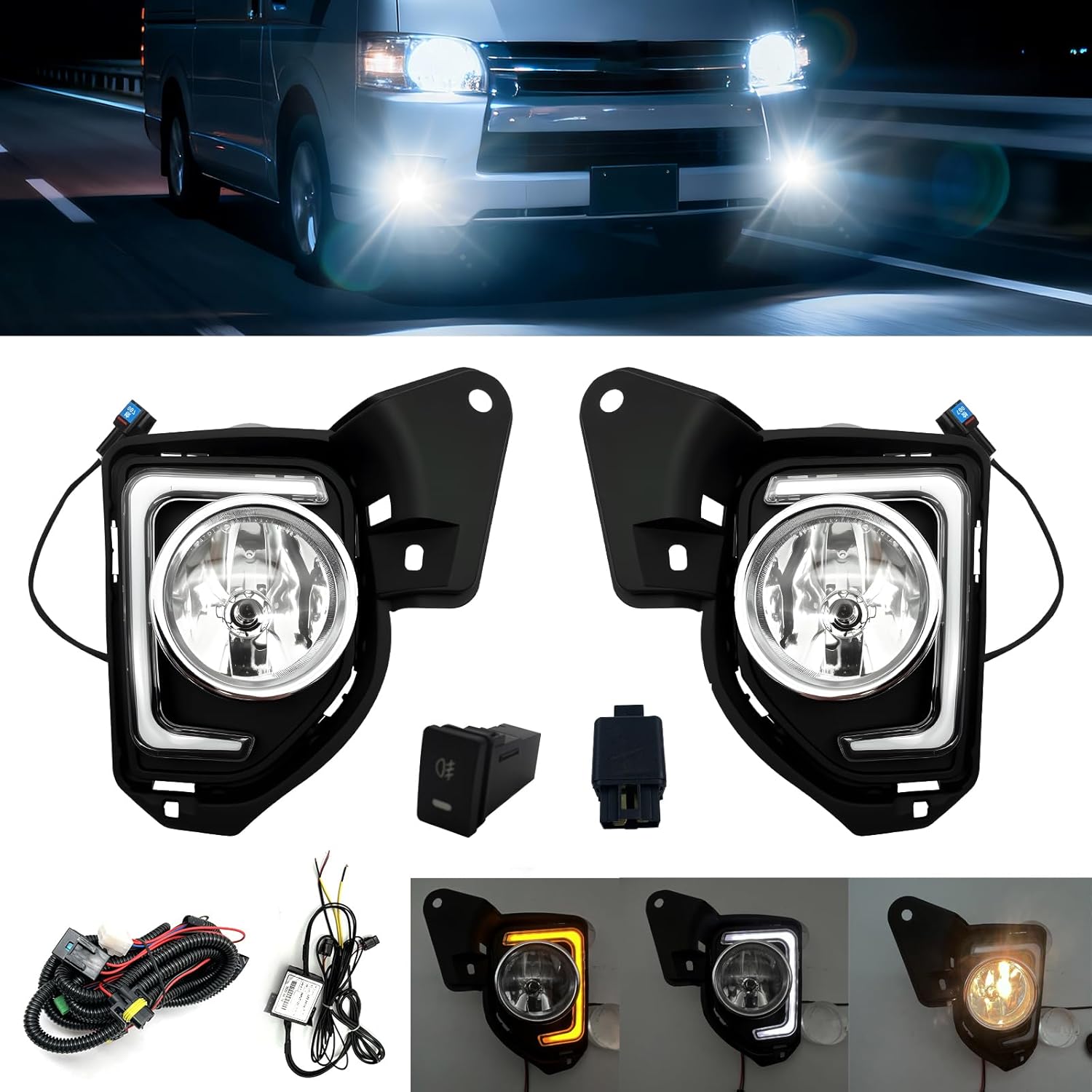 OKSIWA DRL Fog Lights Compatible with 2014 2015 2016 2017 2018 Toyota Hiace with DRL Turn Signals Fog Lamps Assemblies w/Switch and Wiring Harness