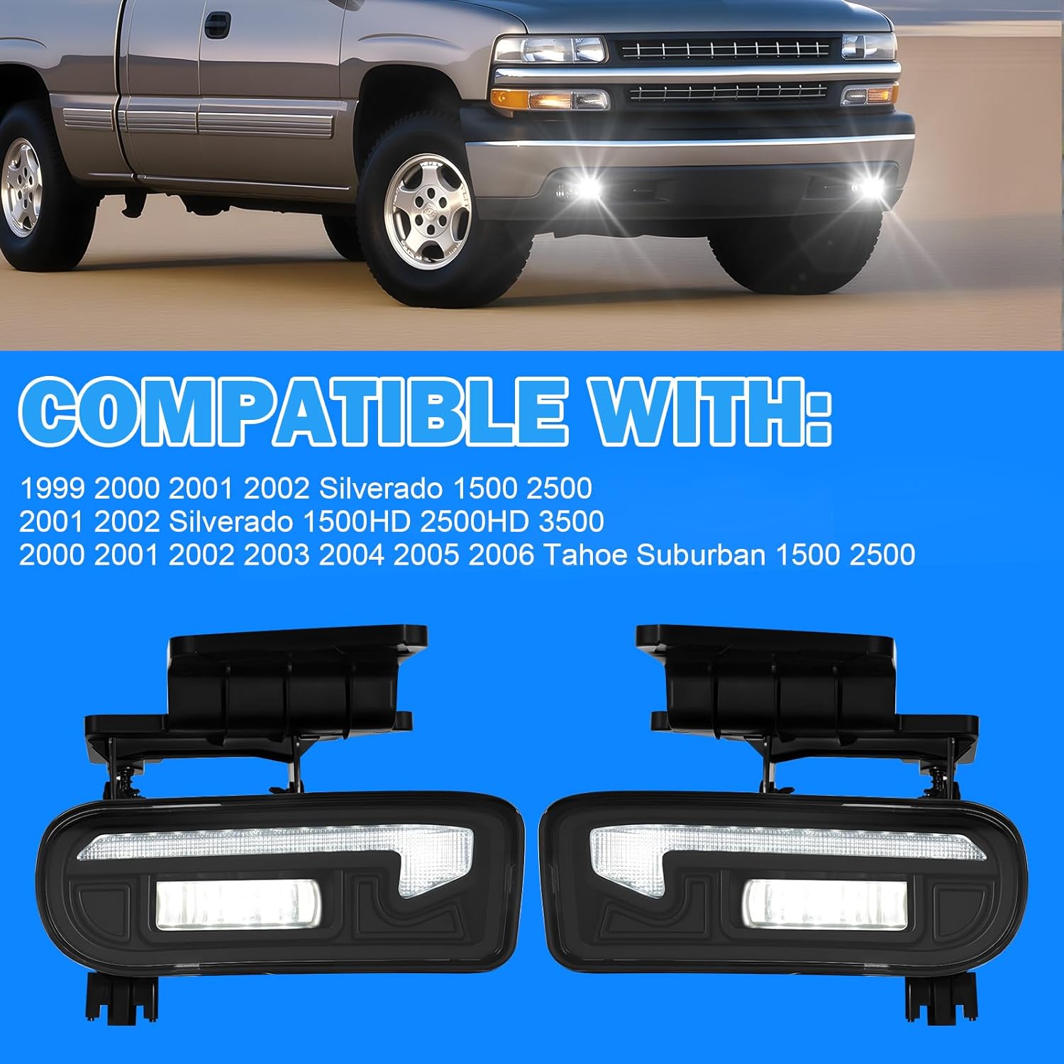 OKSIWA LED Fog Lights Assembly Fit For 1999-2002 Silverado 1500 2500/2001 2002 Silverado 1500HD 2500HD 3500/2000-2006 Tahoe Suburban 1500 2500 Fog Lamps LED3-5