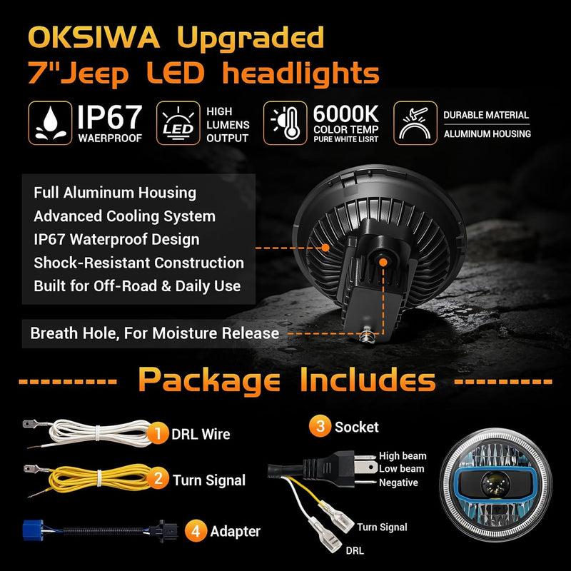 7" Halo LED Headlights with Sequential Turn Signal & DRL for 1976-2017 Jeep Wrangler CJ/TJ/JK-4