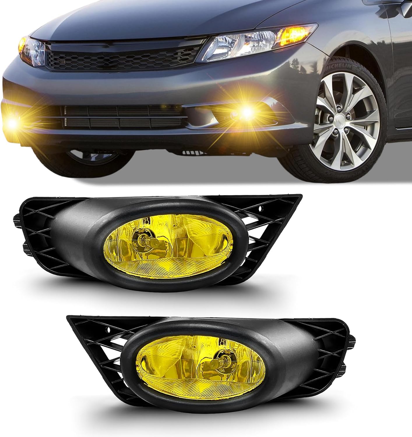 OKSIWA Fog Lights Compatible with 2009 2010 2011 Honda Civic Sedan, 1 Pair Front Bumper Driving Fog Lamps with Switch and Wiring Harness(Amber Lens)