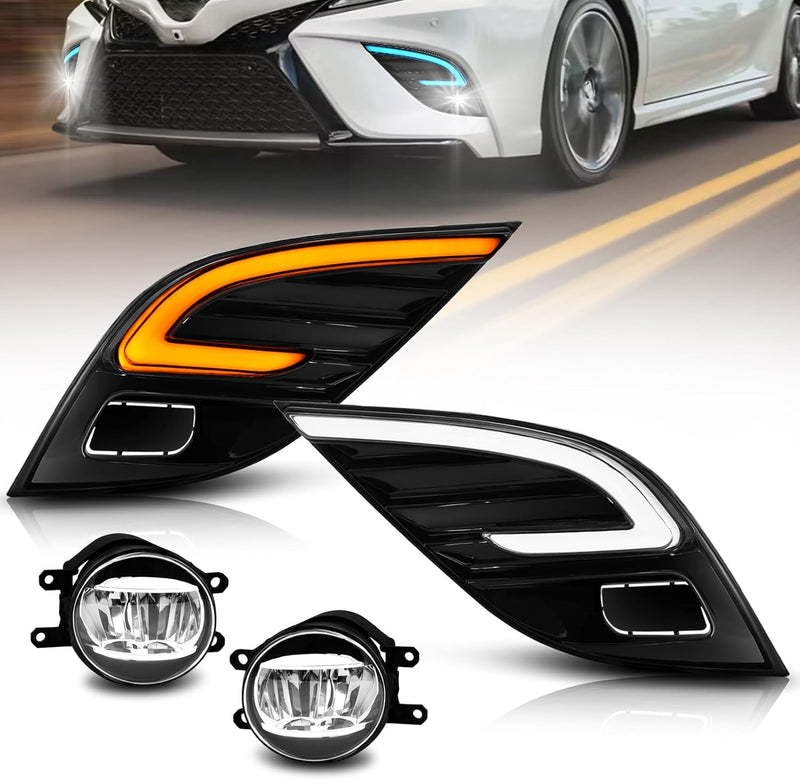 OKSIWA LED Fog Light with 3-Colors Day Running Light Compatible with 2018 2019 2020 Toyota Camry SE/XSE/TRD,Amber Turn Signal light, Blue light for Night,Front Bumper Fog Lamp Replacement Kit-1