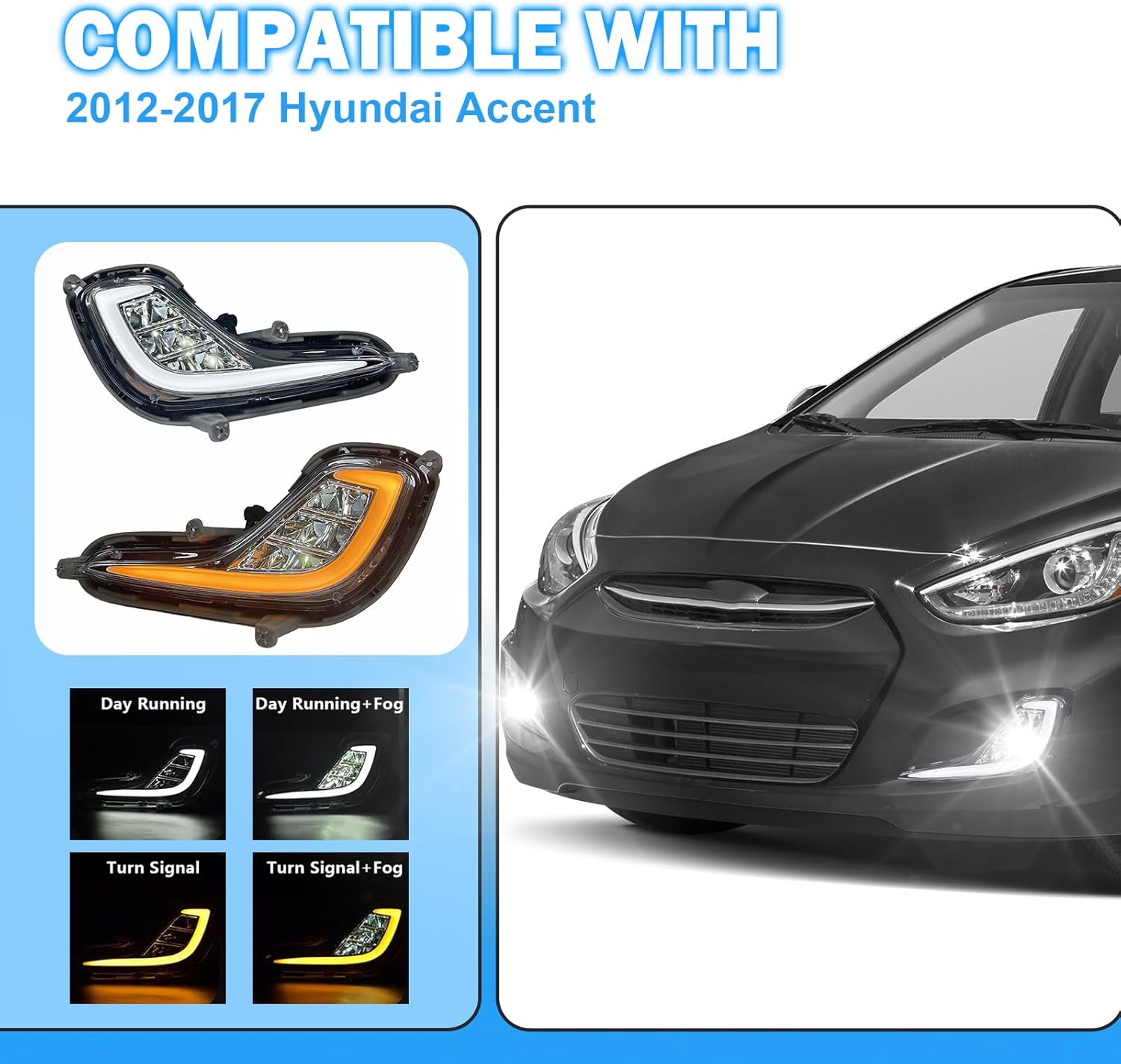 OKSIWA Fit For 2012-2017 Hyundai Accent Fog Lights with DRL and turn signal Full Kit with Switch and Harness (LED Version)-3