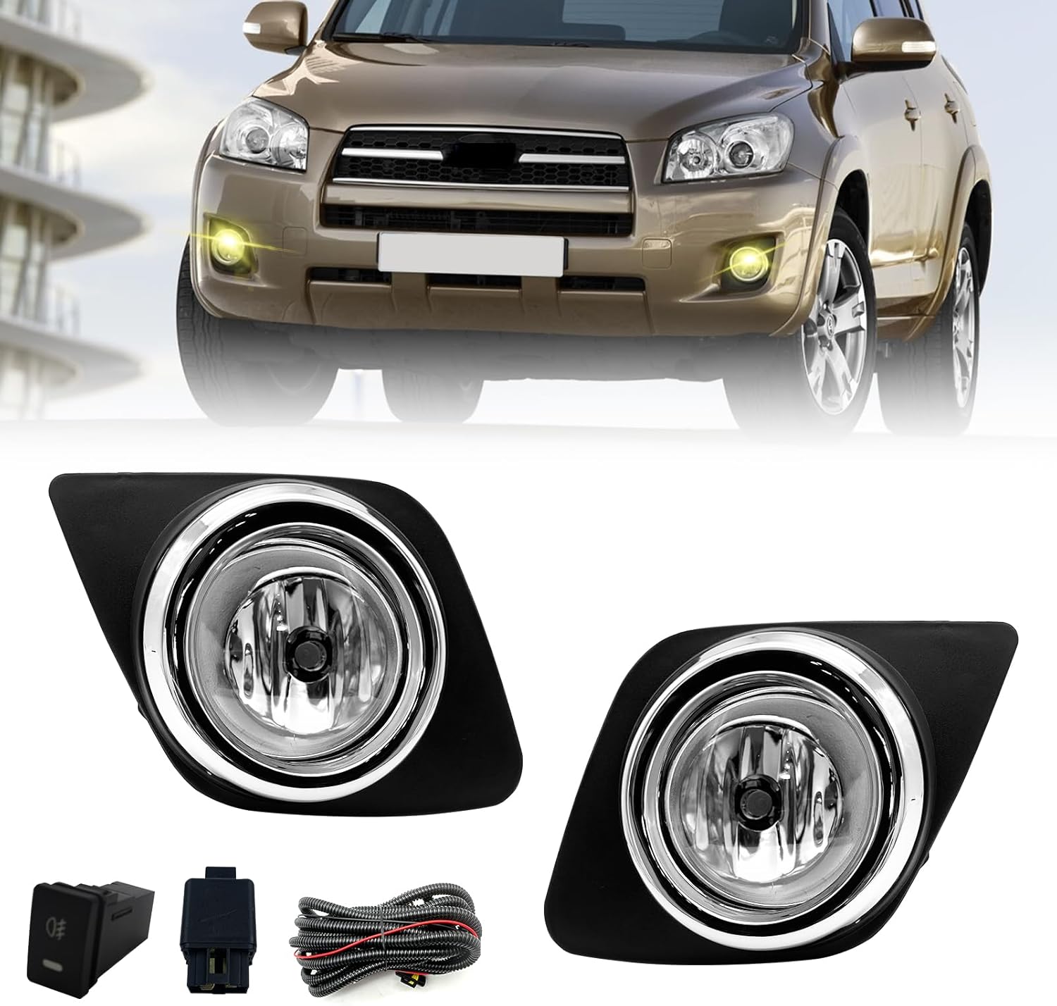 OKSIWA Fog Lights Compatible With RAV4 2009-2012, 1 Pair Front Bumper Lights with Bezels and H11 12V 55W Bulbs included Switch and Wiring kit-1