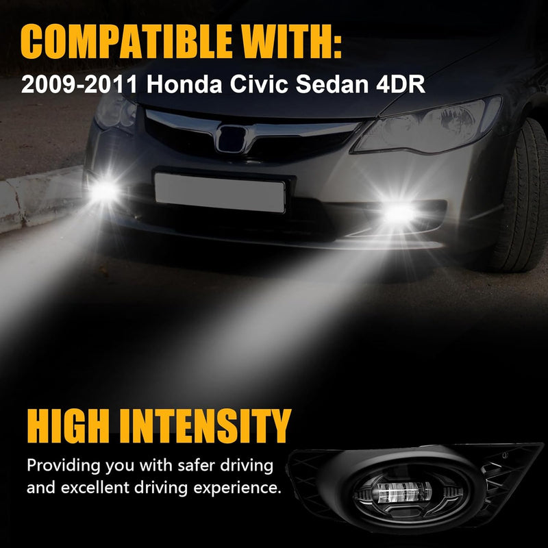 OKSIWA LED Fog Lights for 2009 2010 2011 Honda Civic 4-Door Sedan,Front Bumer Driving Light Kit,Fog Lamps Replacement with Wiring Harness,Clear Lens,Plug and Play-2