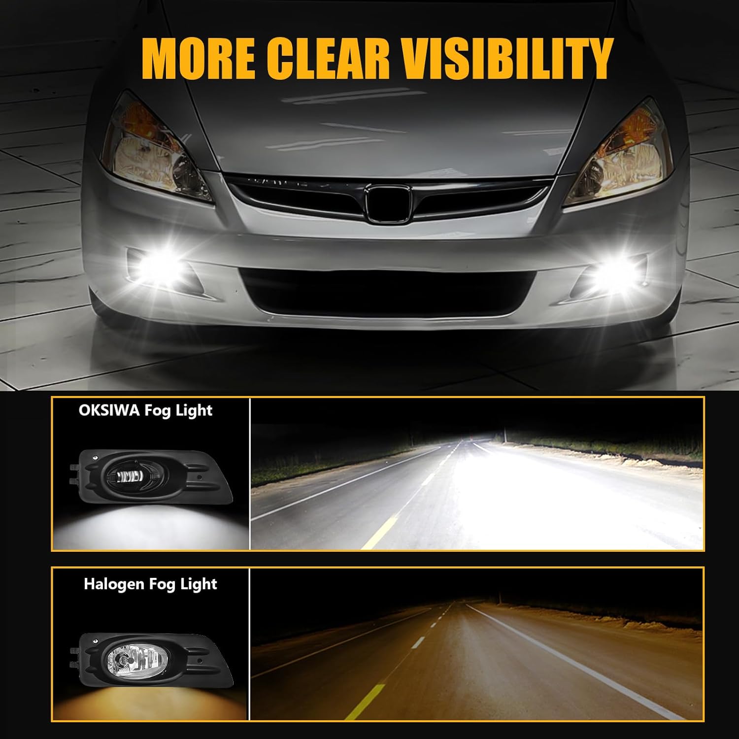 OKSIWA LED Fog Light for 2006-2007 Honda Accord Sedan,Front Bumer Fog Lamp Kit with Wiring Harness, Switch,Plug and Play,Fog Assembly Replacement