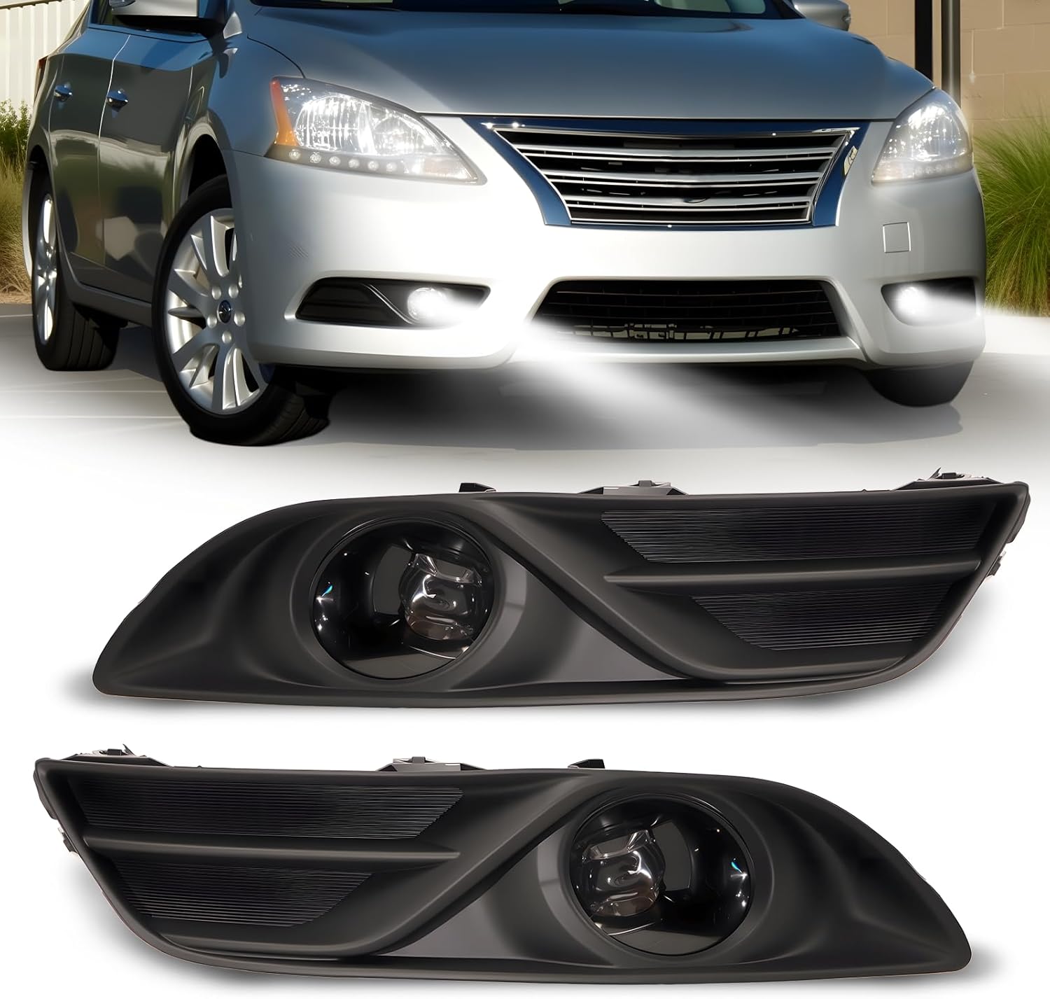 OKSIWA LED Fog Lights Assemblies Compatible With 2013 2014 2015 Nissan Sentra Clear Lens Front Bumper Fog Lights