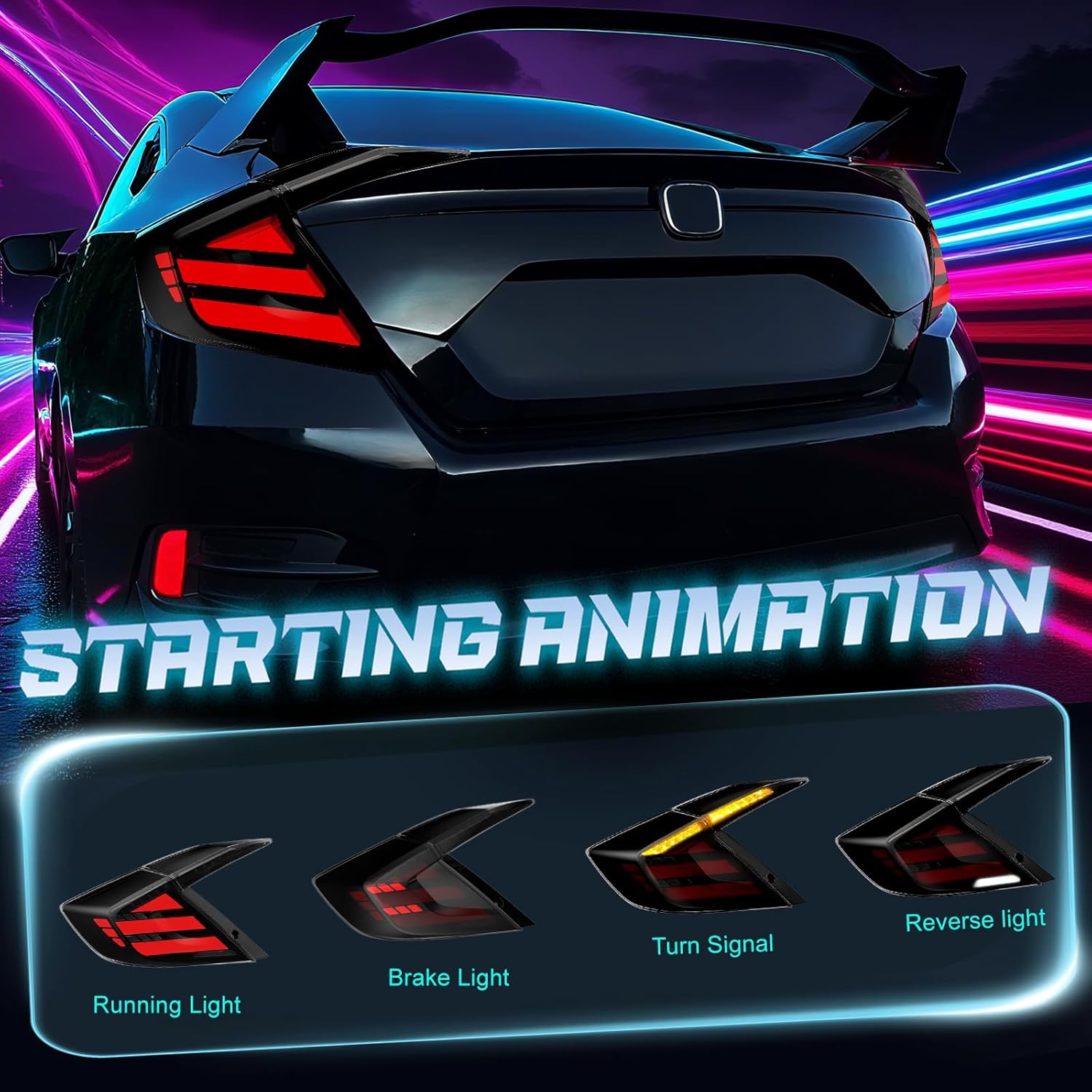 OKSIWA Sequential LED Tail Lights Compatible with Honda Civic 10th Gen Sedan 2016-2021, Not for Hatchbacks, Starting Animated Tail Light Assembly, Brake Turn Signal Lights, Reverse Lights, Parking Light