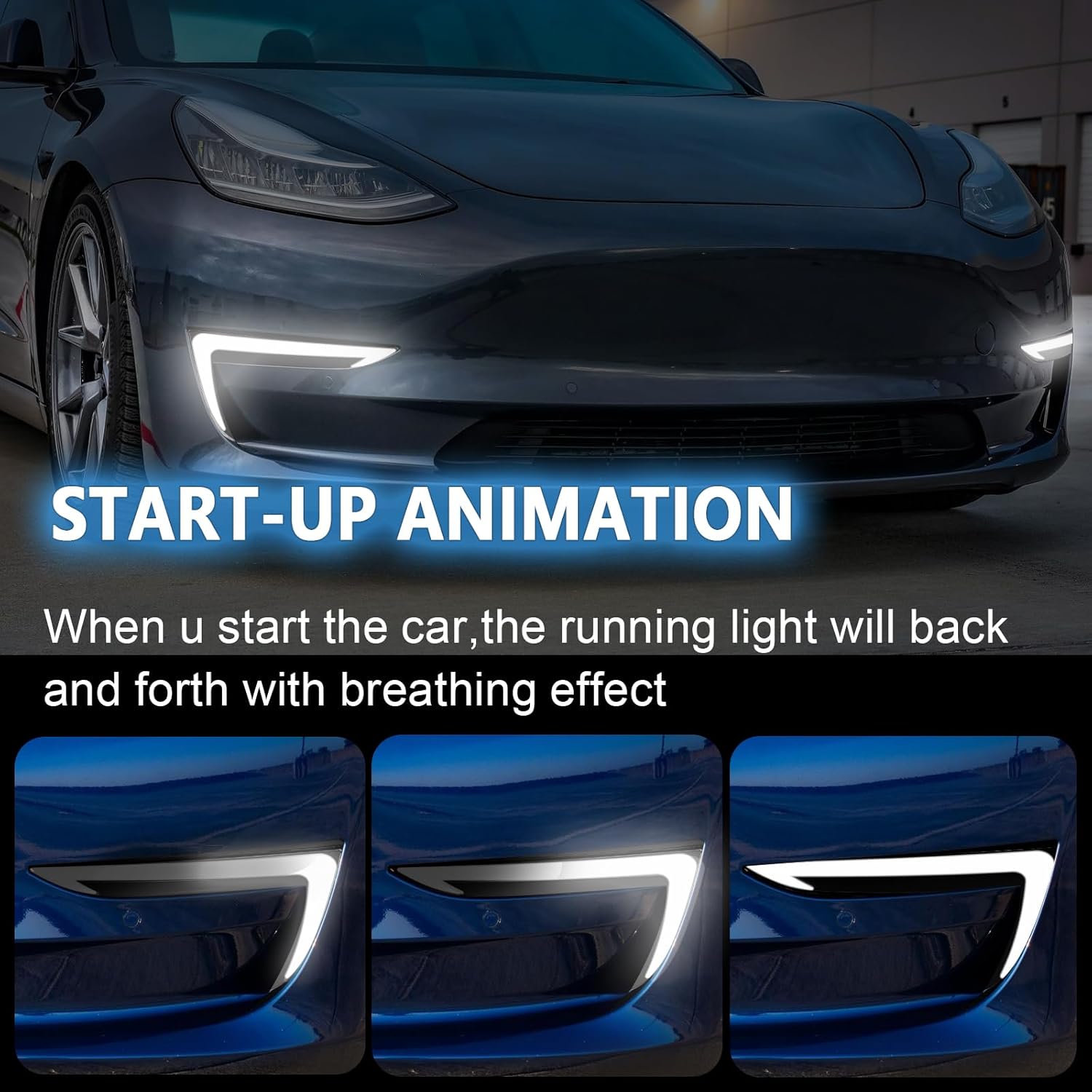 OKSIWA 2 Color LED Daytime Running Lights Compatible with 2018-2024 Tesla Model 3, Front Driving DRL Lamps Assembly with Turn Signals, Night Running Light, Dynamic Start-Up Animation, (1 Pair)