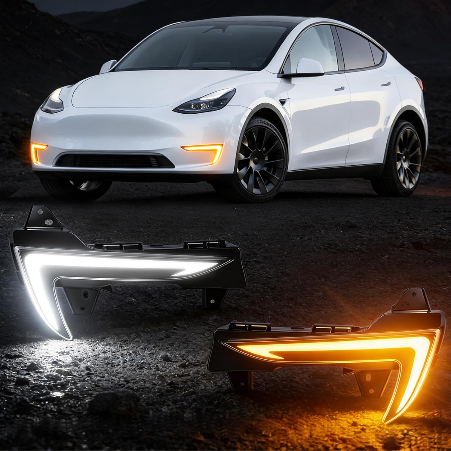 OKSIWA White & Yellow LED Front Daytime Running Lights DRL Fit for 2021-2024 Tesla Model Y Upgrade and Modified 1 Pair Turn Signals Driving Runing Lamp Fog Lights Assembly