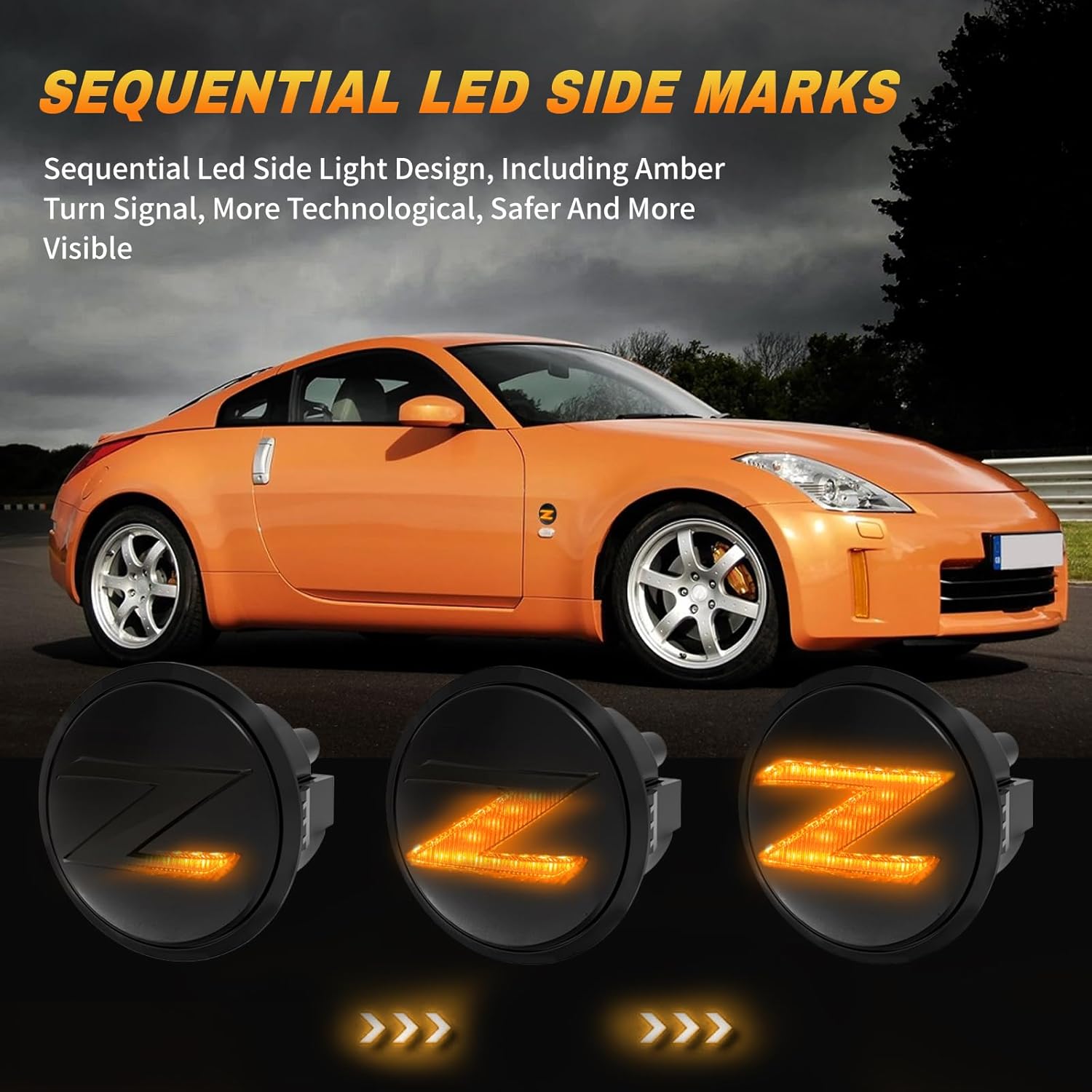 OKSIWA LED Side Marker Lights for Nissan 350z Z33 2003-2009, Nissan 370z Z34 2009-2020,With Sequential Amber Turn Signals One pair