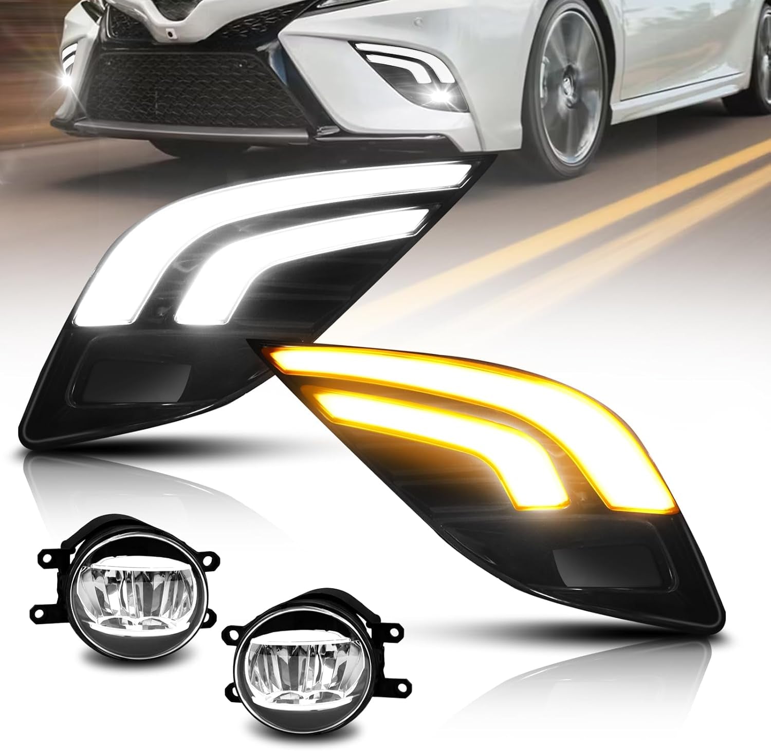 OKSIWA LED Fog Light with White DRL for 2018-2020 Toyota Camry SE/XSE/TRD,with Amber Turn Signal light,Front Bumper Fog Lamp Replacement Kit,Including Wiring Harness,switch