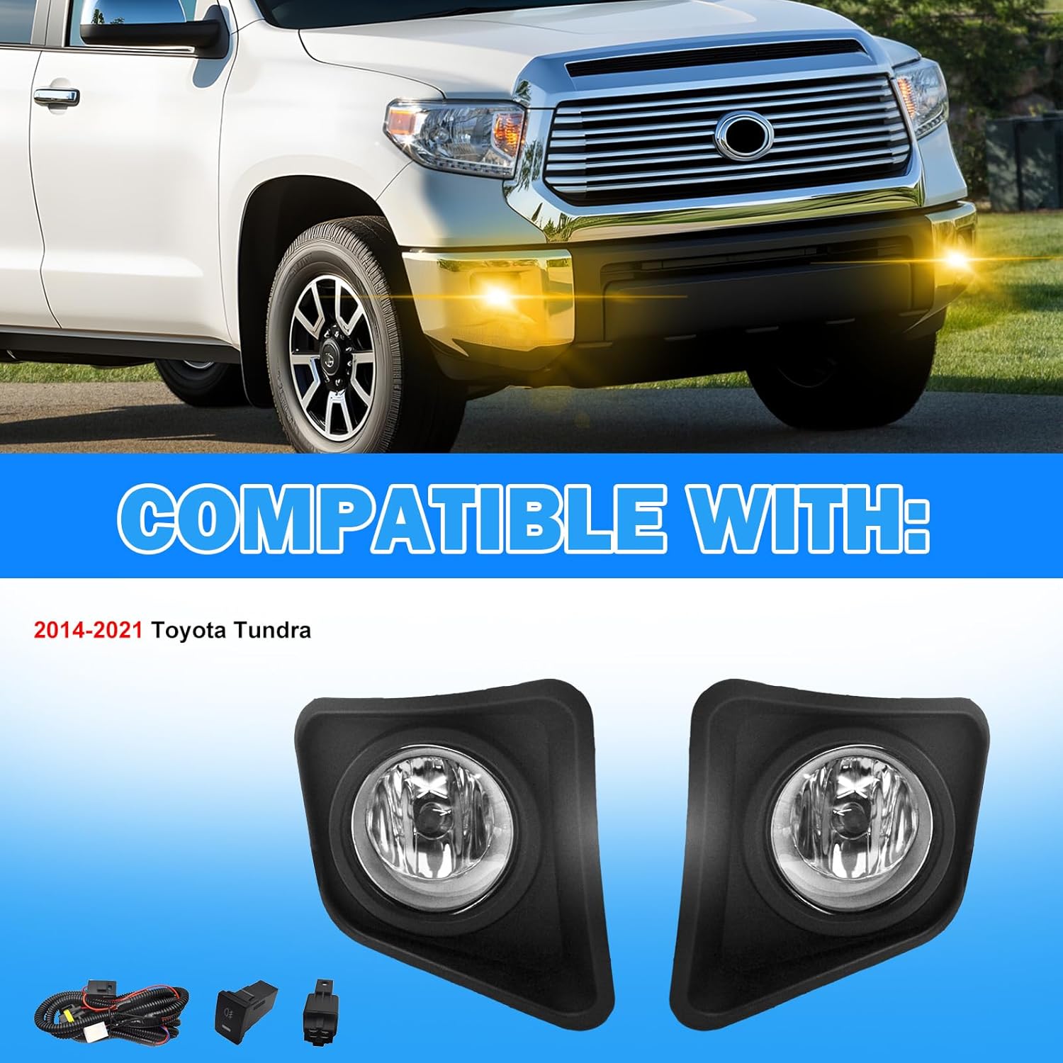 OKSIWA Driving Bumper Fog Lights for 2014-2021 Toyota Tundra with H11 12V 55W Halogen Bulbs & Switch and Wiring Kit (Clear Lens)-3