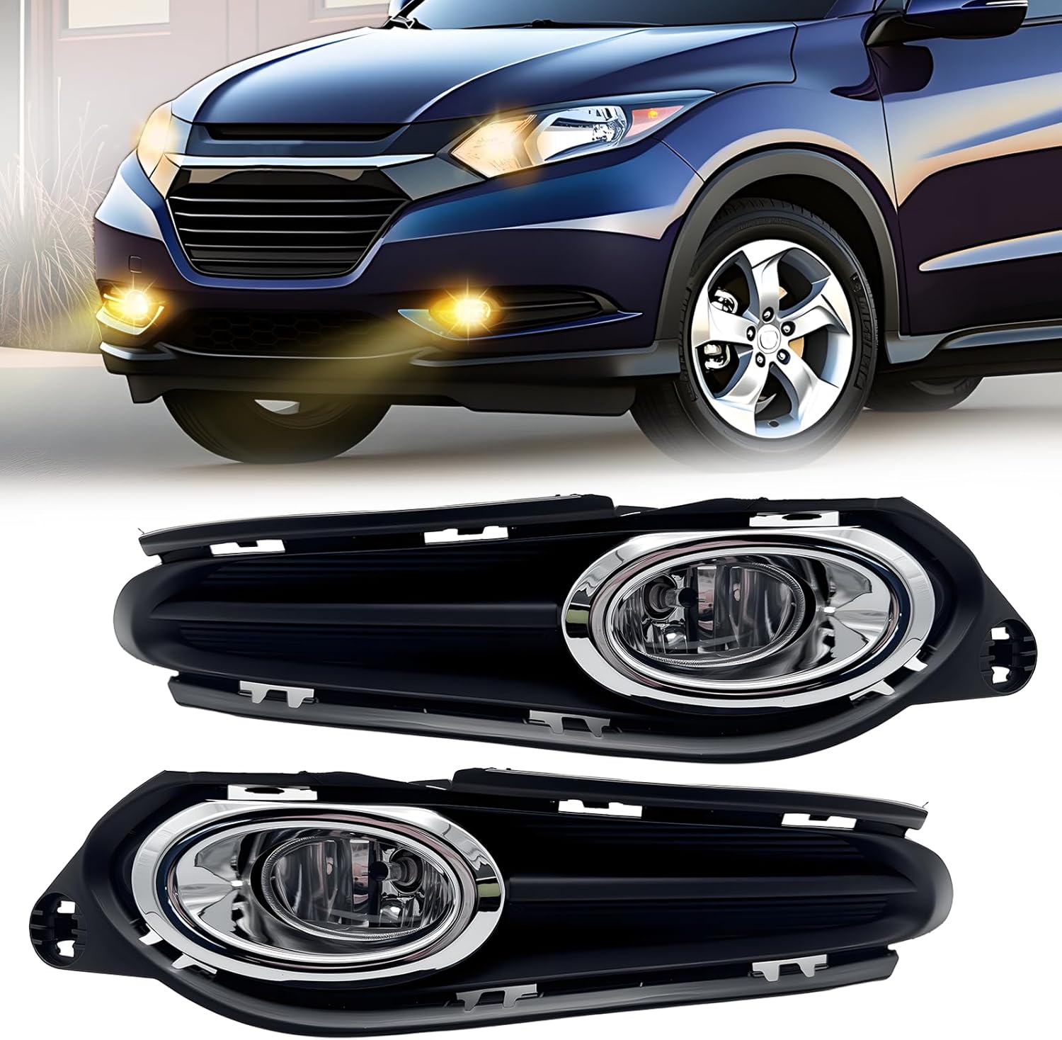 OKSIWA Fog Lights Assembly Compatible With 2015 2016 2017 2018 2019 2020 2021 2022 2023 HR-V/VEZE Front Bumper Driving Fog Lamp Light Kits