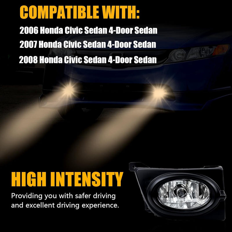 OKSIWA Halogen Fog Lights Fit for 2006 2007 2008 Honda Civic 4-Door Sedan,Front Bumper Driving Light Replacement Kit, Fog Lamps Replacement with Wiring Harness,Clear Lens,Plug and Play-2