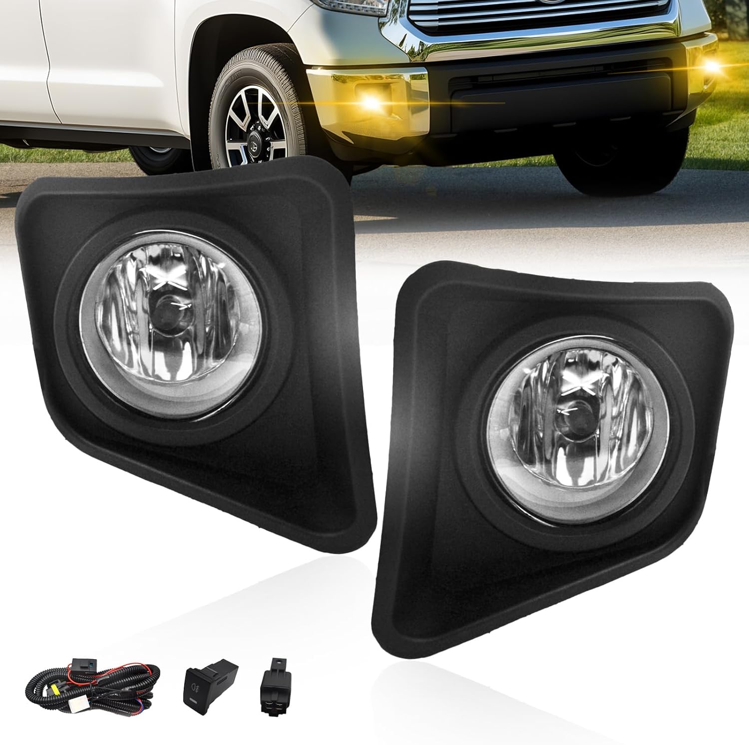 OKSIWA Driving Bumper Fog Lights for 2014-2021 Toyota Tundra with H11 12V 55W Halogen Bulbs & Switch and Wiring Kit (Clear Lens)