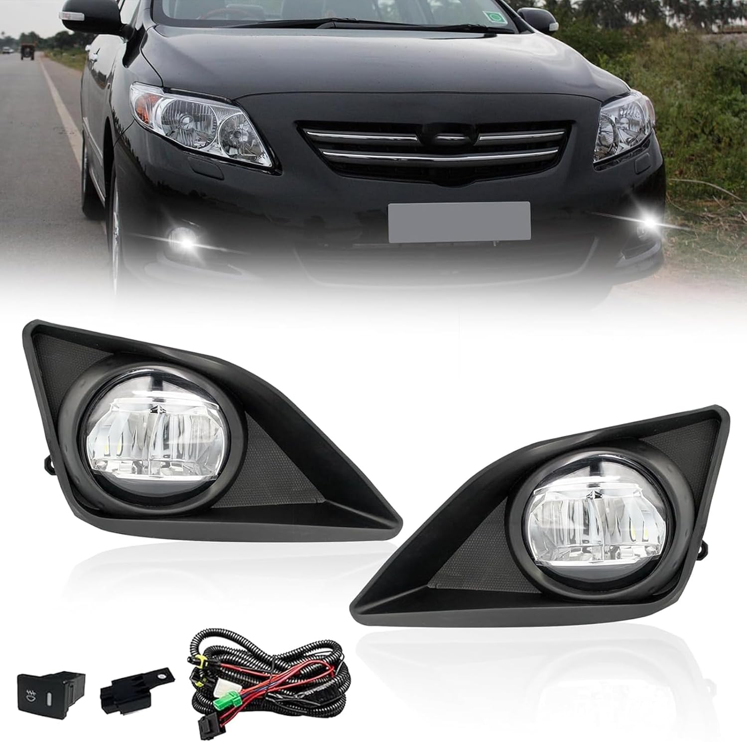 OKSIWA Led Fog Lights Fit for 2008 2009 2010 Toyota Corolla/Altis, 1 Pair Front Bumper Driving Fog Lamps with Switch and Wiring Harness- Clear Lens-1
