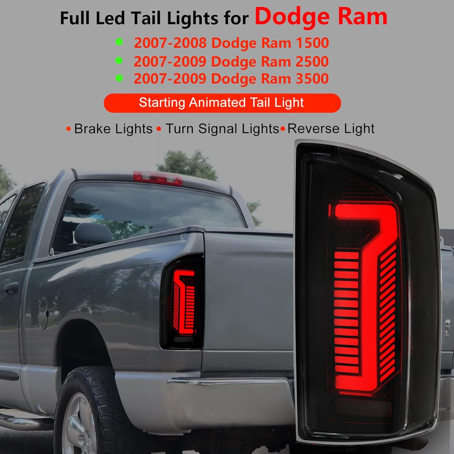 OKSIWA Sequential Full Led tail lights for 2007-2008 Dodge Ram 1500,2007-2009 Ram 2500 3500 Starting Animated Rear Light Assembly, Dynamic Turn Signal,Brake Light,Reverse Light Smoked-3