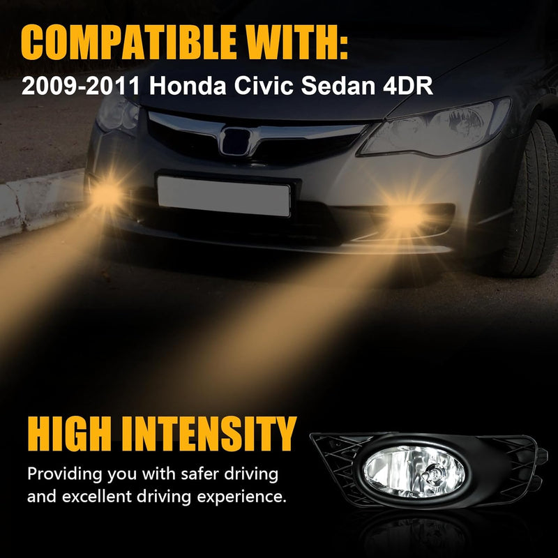 OKSIWA Halogen Fog Lights Fit for 2009 2010 2011 Honda Civic 4-Door Sedan,Front Bumer Driving Light Kit,Fog Lamps Replacement with Wiring Harness,Clear Lens,Plug and Play-2