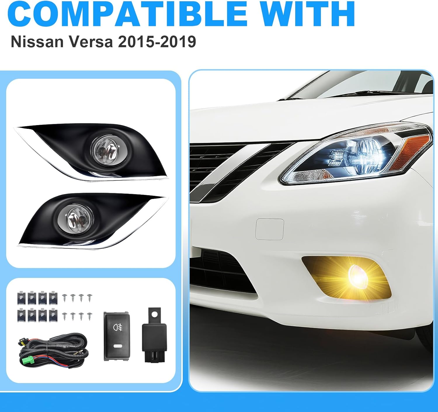 OKSIWA Fog Lights Assembly Fit for 2015-2019 Nissan Versa Fog Lamps Driving lights Halogen Bulbs w/Bezels Wiring and Switch Kit Clear Lens