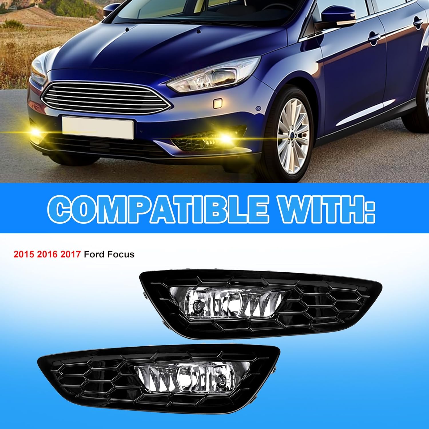 OKSIWA Fog Lights Assemblies Compatible With 2015 2016 2017 Ford Focus Fog Lamps Drive and Passenger Side Front Bumper Fog Lights Clear Lens-3