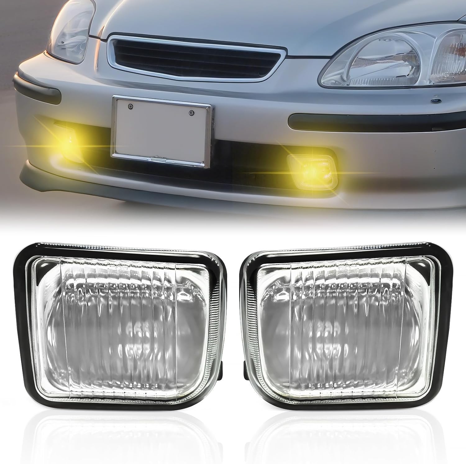 OKSIWA Fog Lights Fit for 1996 1997 1998 Honda Civic 4-Door Sedan,1 Pair Driving Fog Lamps, Front Bumper Fog Light Replacement with Switch Wiring Harness,Amber lens (Clear Lens)-1