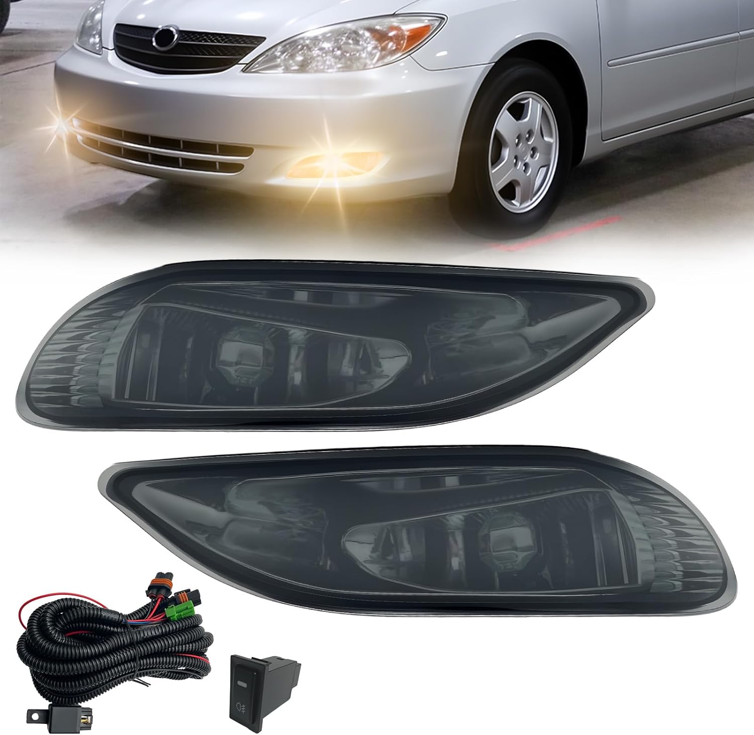OKSIWA Fog Lights Assembly For 2002 2003 2004 Camry, 2005 2006 2007 2008 Corolla, 2002 2003 Solara With Switch and Wiring Kit And Halogen Bulbs- Smoked Lens